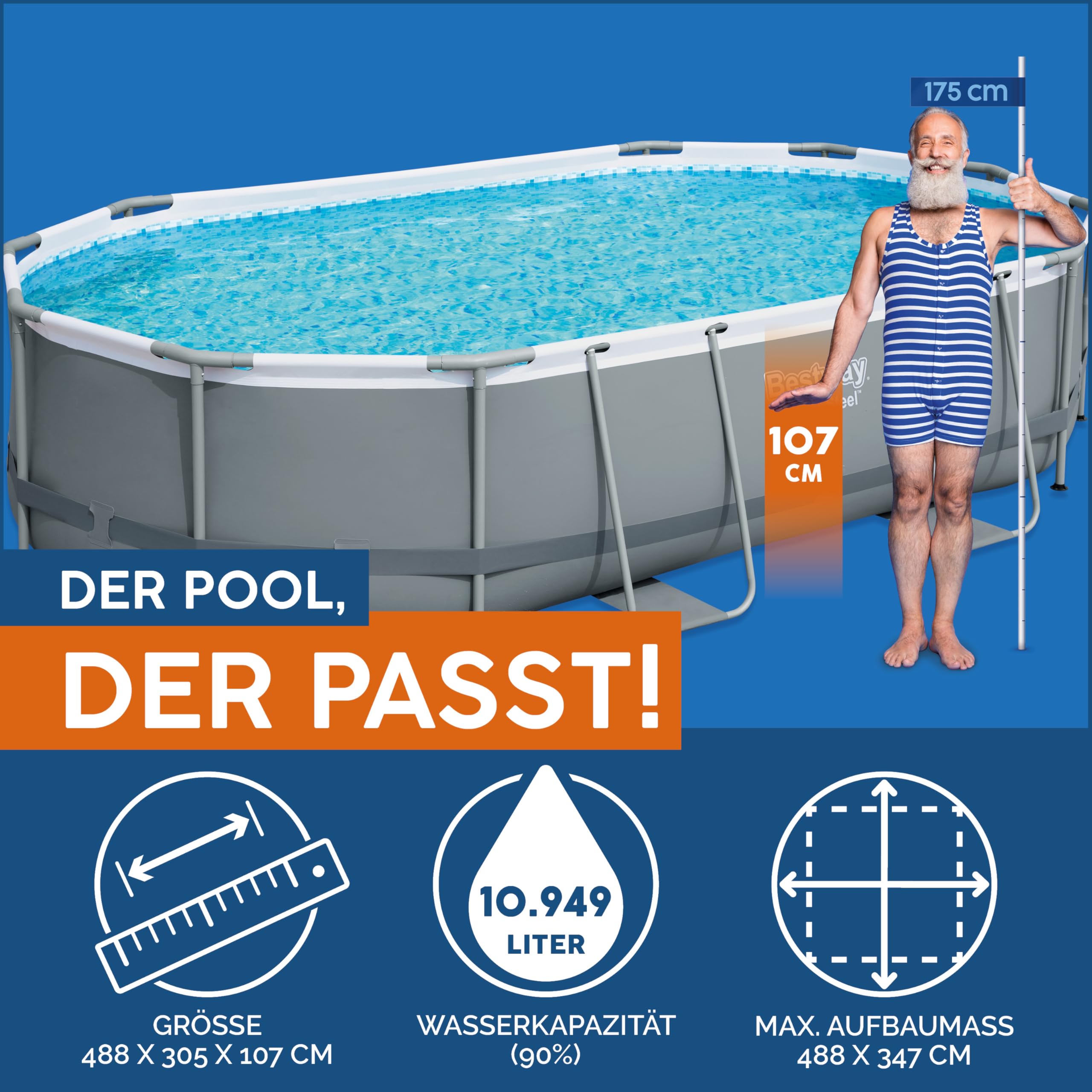 Bestway Power Steel Frame Pool Komplett-Set mit Filterpumpe 488 x 305 x 107 cm, grau, oval