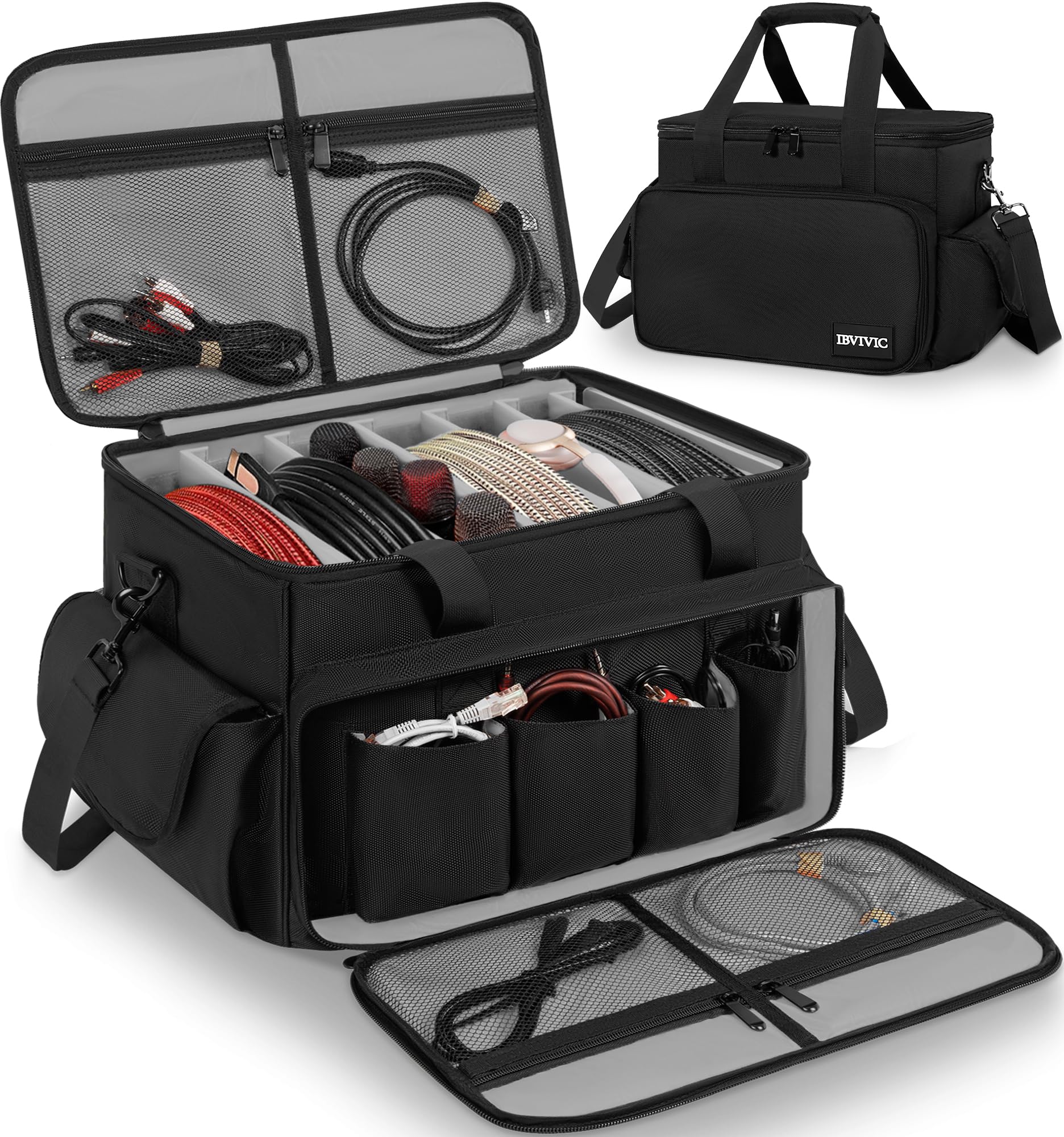 DJ Cable File Bag with 6 Adjustable Dividers Travel Gig Bag for Cables