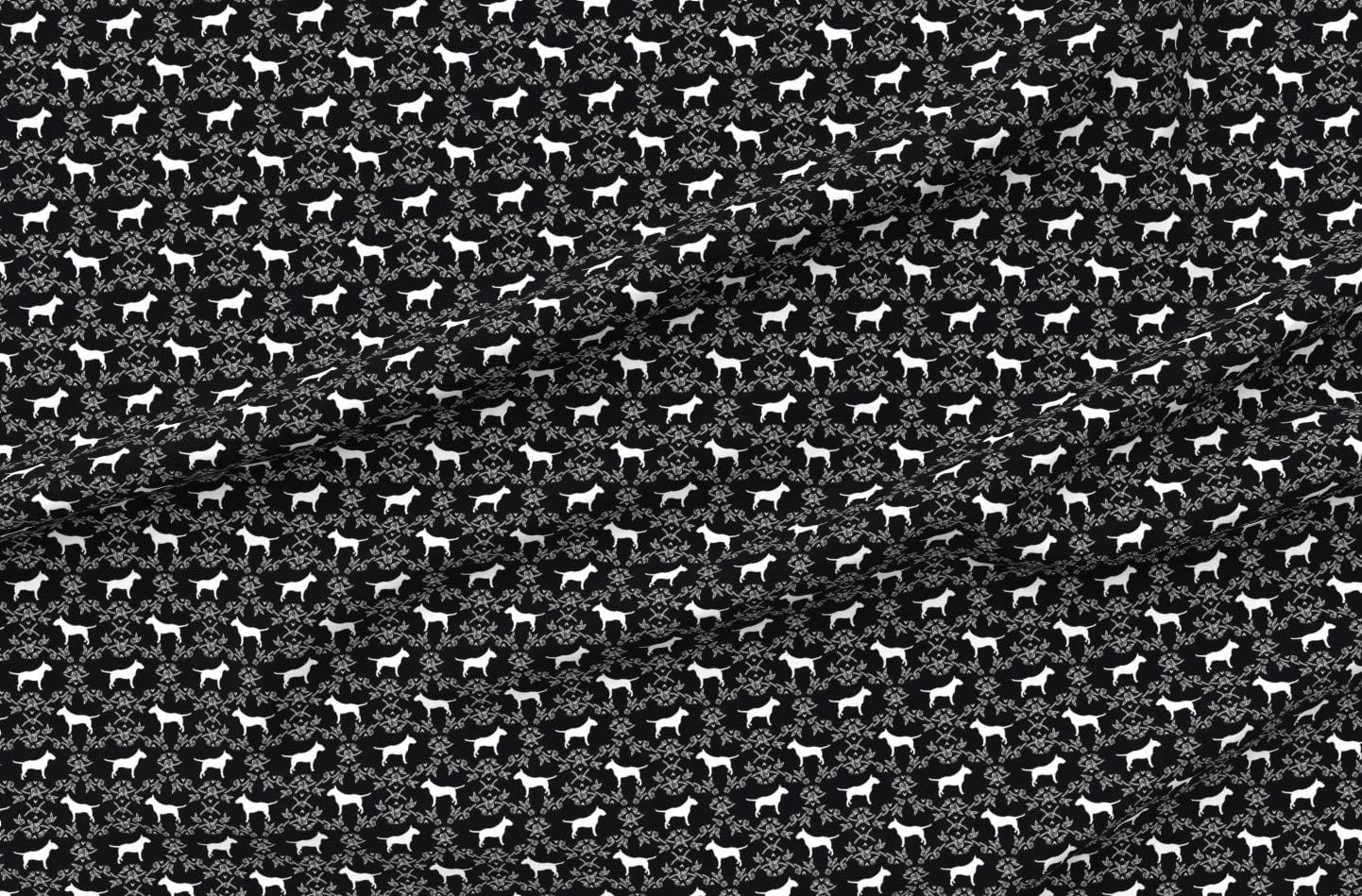 Spoonflower Fabric - Bull Terrier Floral Silhouette Dogs Breeds Black White Terriers Printed on Organic Cotton Sateen Fabric by The Yard - Sewing Quilting Apparel Home Decor