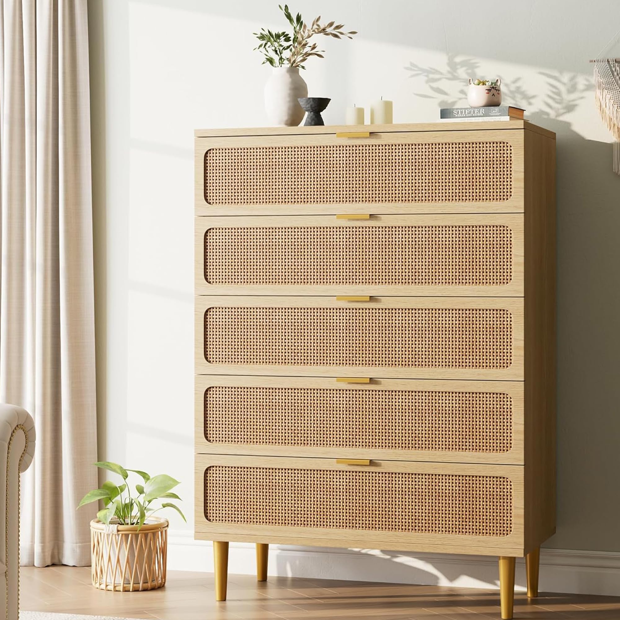 garvee rattan dresser with 5 drawers, tall modern closet with deep storage, large chest of drawers with wide top, long wooden dresser for bedroom, living room, hallway, kids room, natural