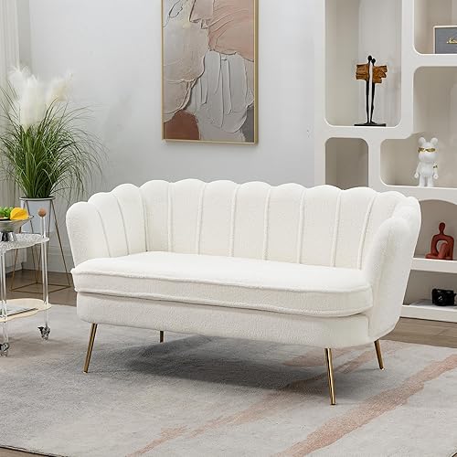 Sofá biplaza moderno de felpilla de 59 pulgadas con respaldo en forma de flor, sofá de club de 2 plazas con patas de metal dorado para espacio disponible en Yaxa Peru