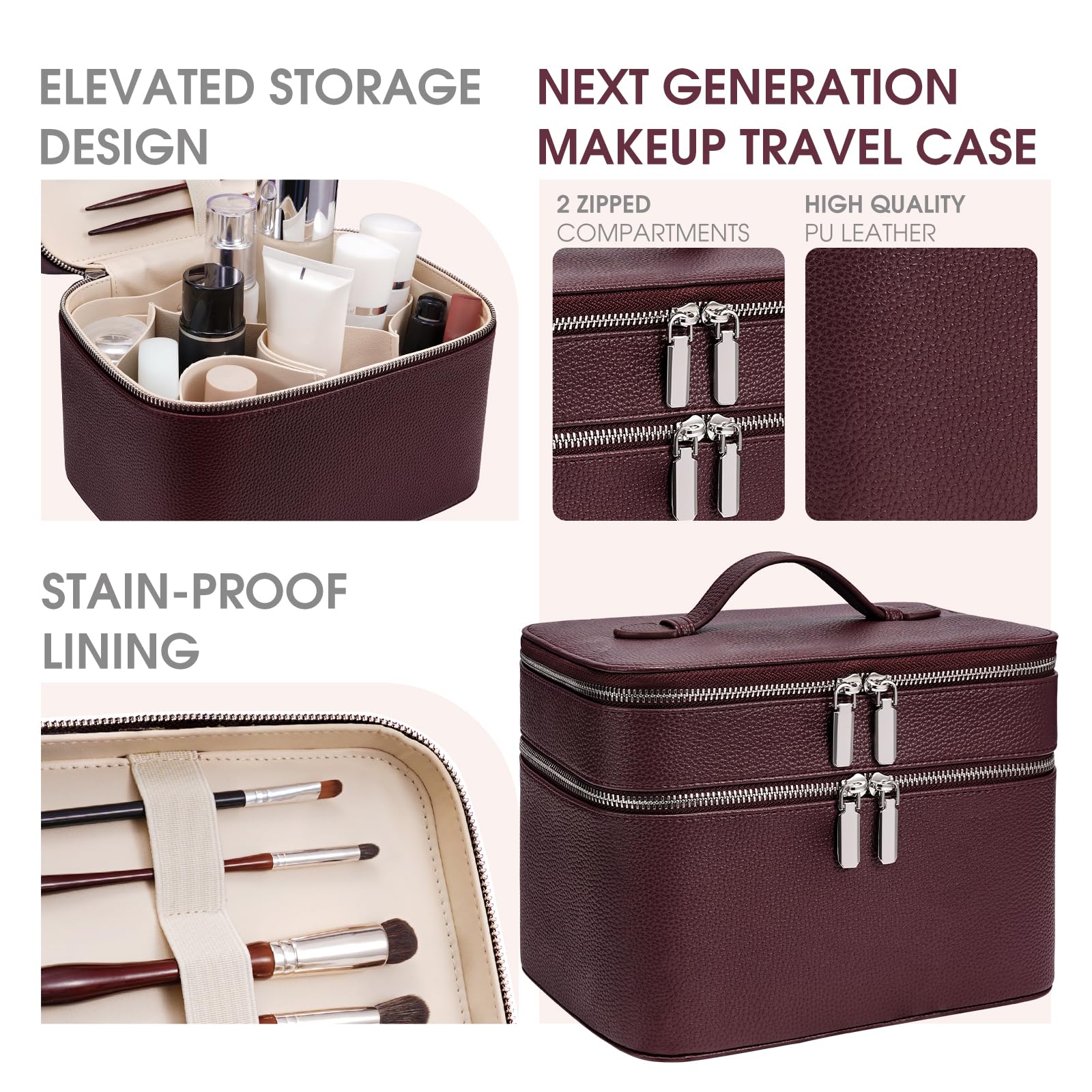 Make-up-Koffer, großes Fassungsvermögen, wasserdicht, doppellagig, Kosmetiktasche mit herausnehmbarer Trennwand, Doppelfach, Pinsel-Organizer, multifunktionaler Reise-Organizer, Burgunderrot