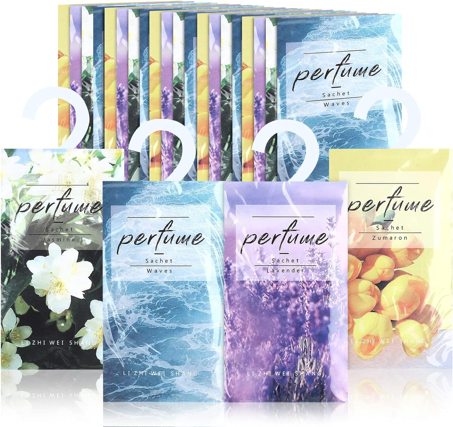 Tazweeq 24 Pcs Large Hanging Closet Deodorizer Set, Air Freshener Sachets for Drawers & Closets, Lavender, Jasmine, Waves, Tulip Scents, Long-Lasting Fragrance, Wide Range of Use in Home & Car