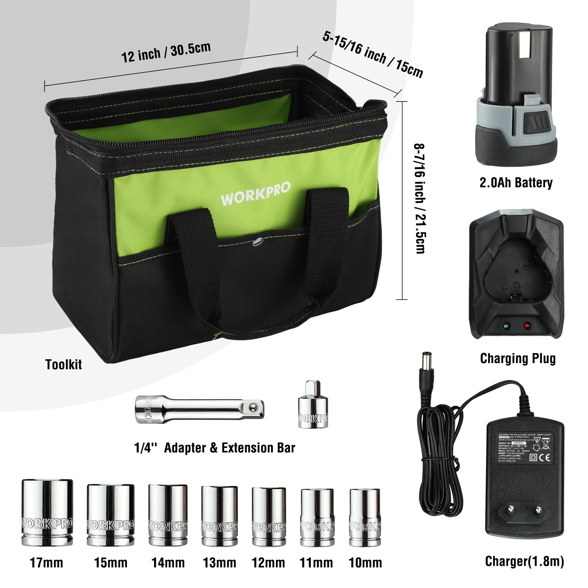 WORKPRO Chiave a Cricchetto Elettrica Senza Fili 12V, Chiave a Cricchetto | a Batteria, 3/8", 55Nm, con 1 Batterie da 2,0Ah, 1 Caricabatterie Rapido, 1 Base di Ricarica e 9 Accessori per Bussola