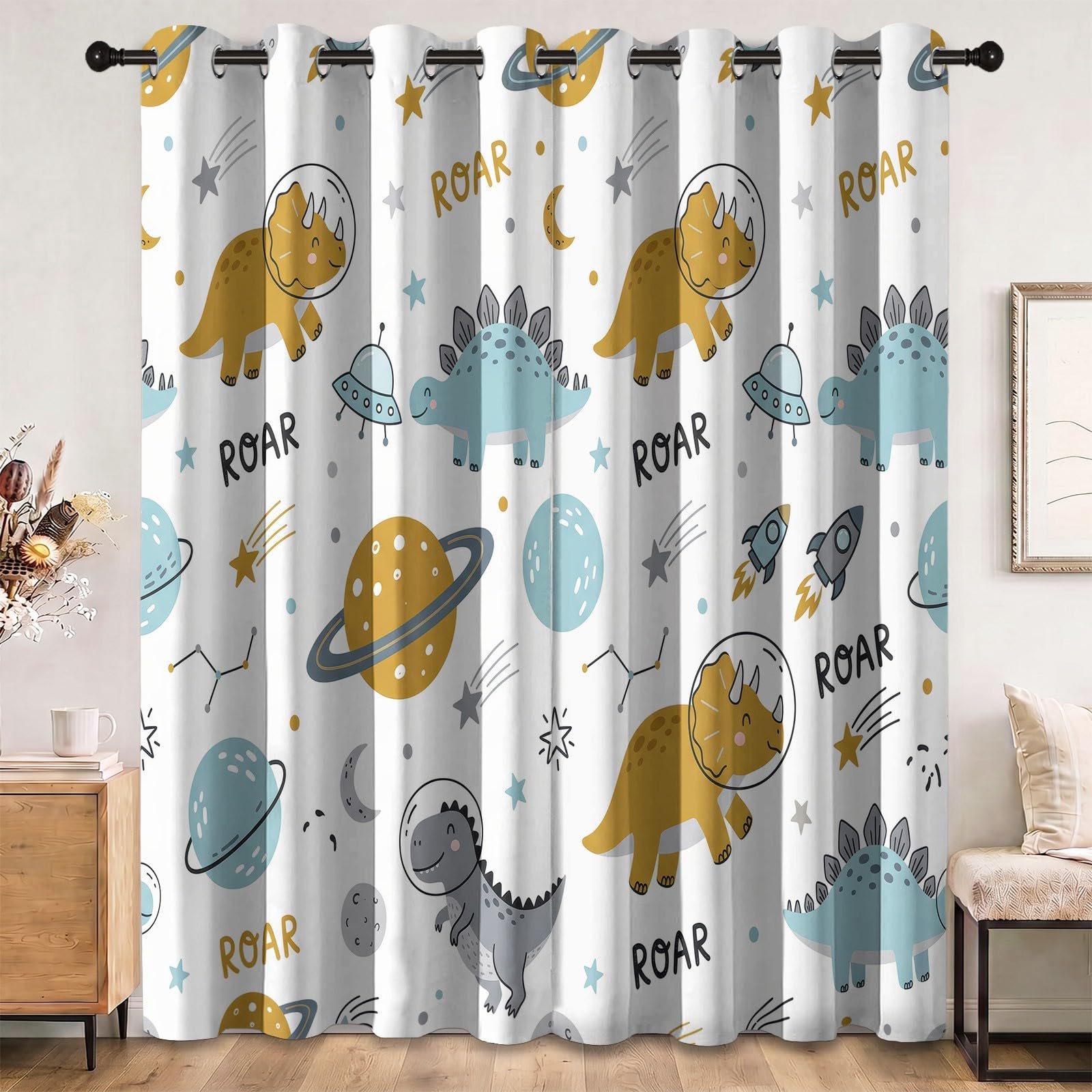Animé Animal Rideaux Occultants Thermique Isolant 110L X 215H cm (2 Panneaux), Enfant Rideau Occultant Opaque à Oeillets Scandinave Astronaute Dinosaure Motif pour Chambre d'enfant et Salon, Blanc