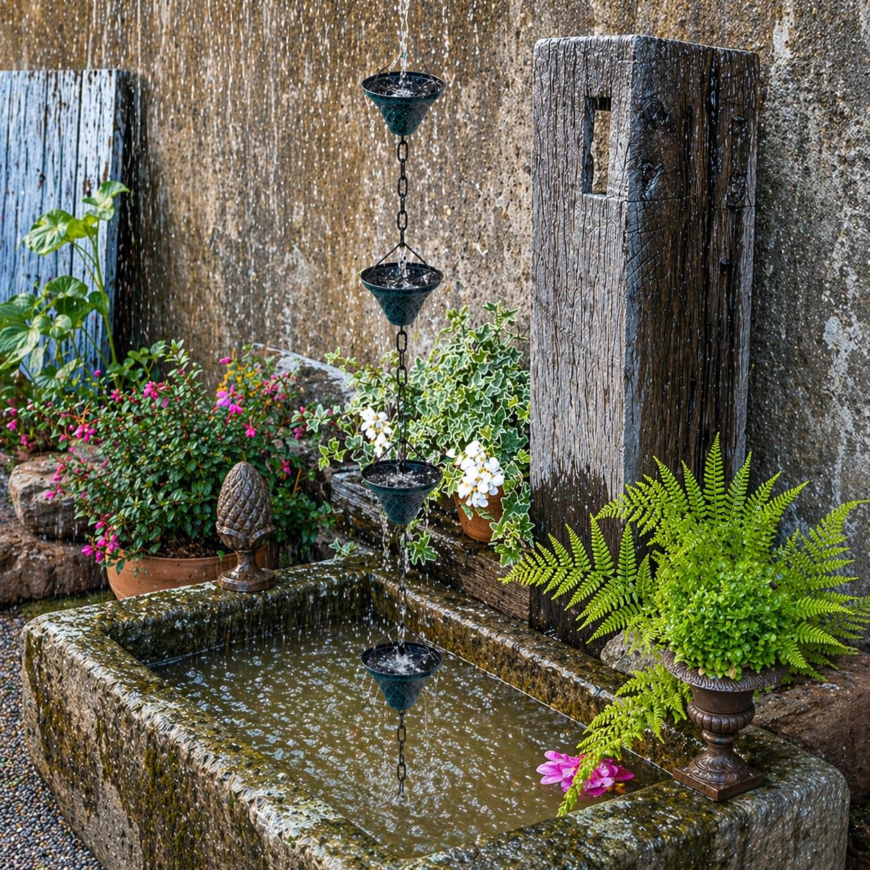 Chaînes de Pluie en Fer pour gouttière et tonneau de Pluie en Fer de 2,6 m – Plaqué résistant à la Rouille pour Tuyau de Descente – Adaptateur de gouttière en Bonus – Bleu Ciel Antique
