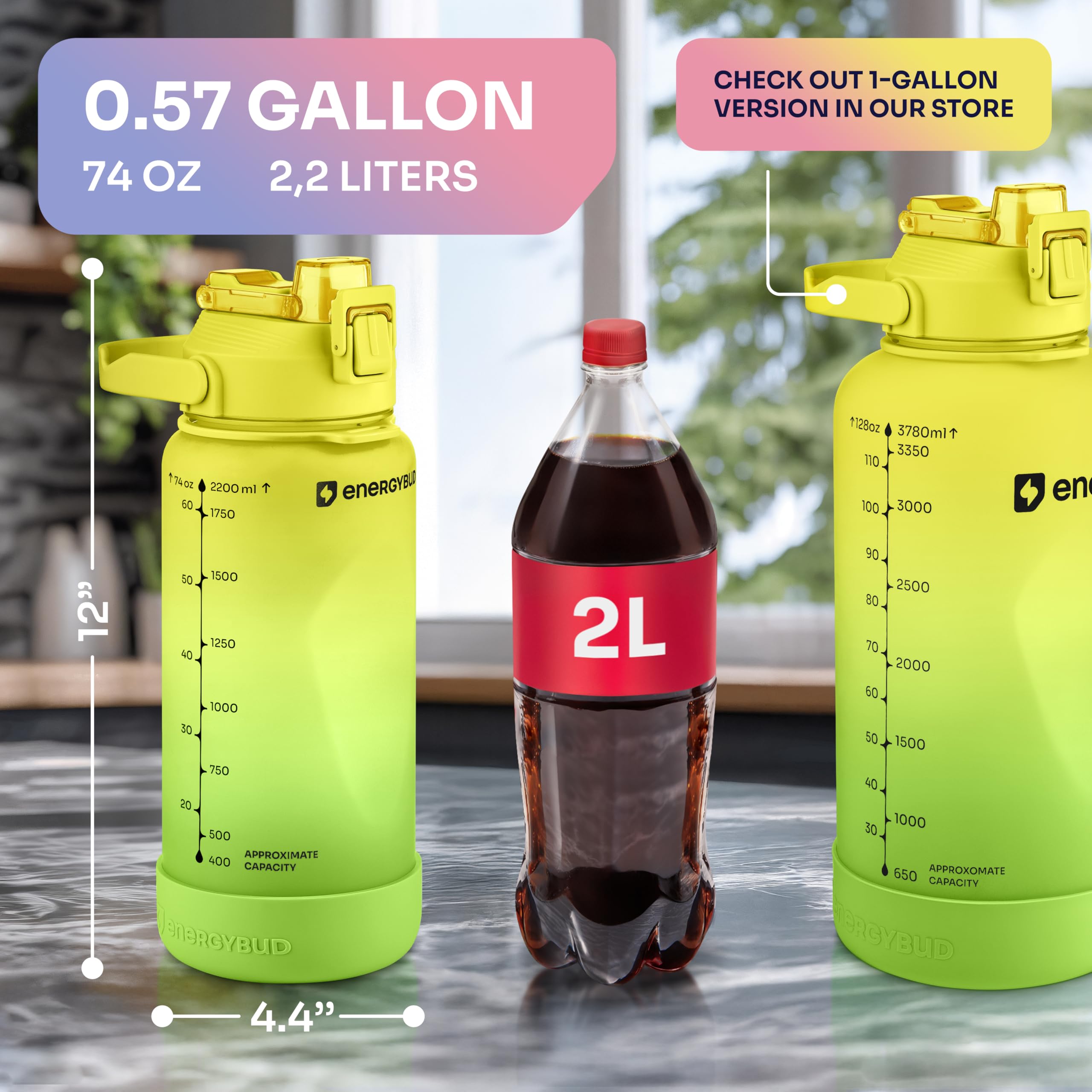 2,2 l Wasserflasche, große Fitness-Wasserflasche für Männer und Frauen, mit 2 Trinkhalmen, kein BPA, BPS, DEHP, Tritan-Material | spülmaschinenfest, verstellbarer Riemen, breite Öffnung