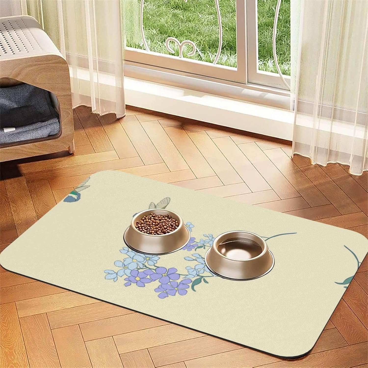 40x60cm Pet Absorbent Feeding Mat - Fresh Orchids Print Leather Non-Slip Placemat, for Dog Cat Food and Water Bowl Pads