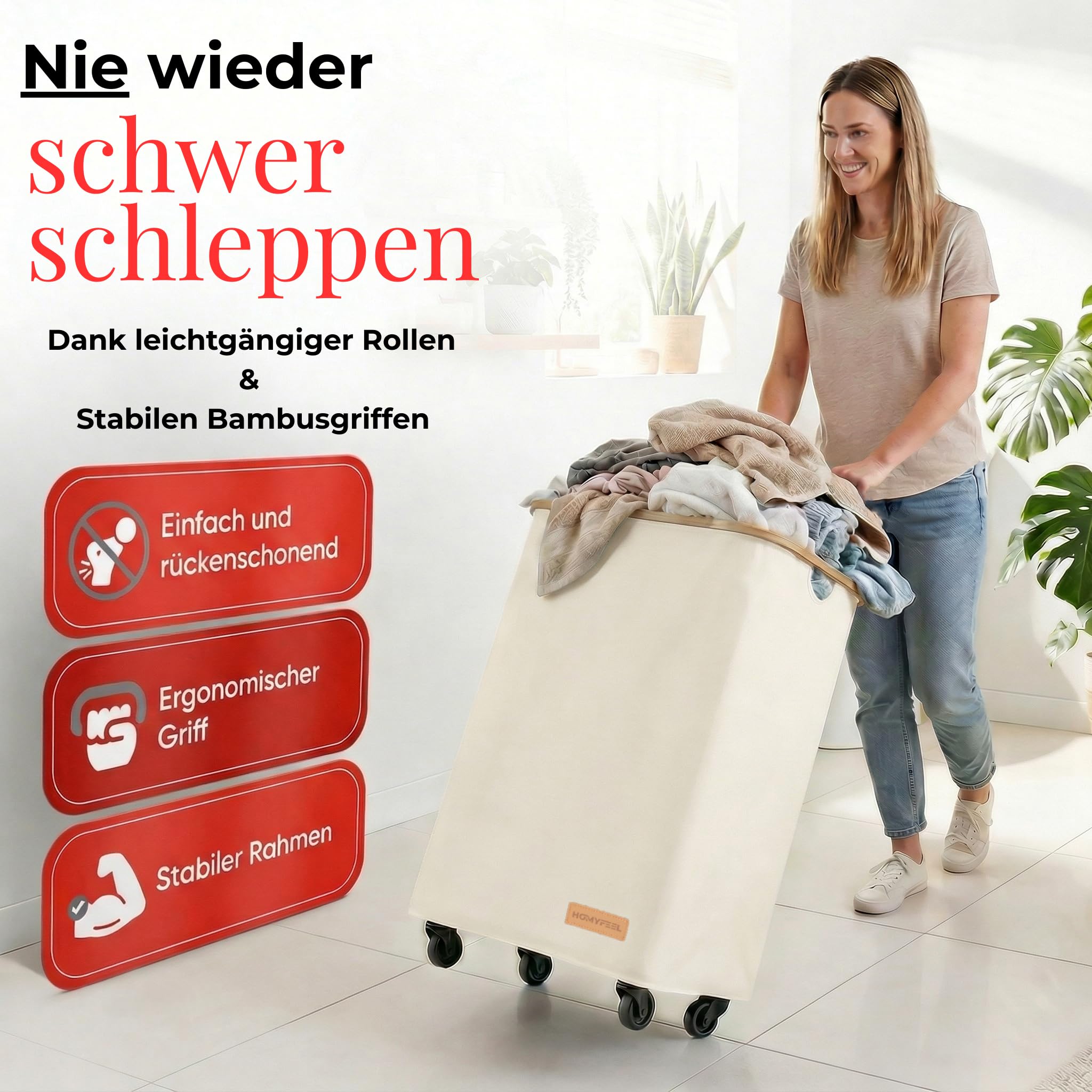HomyFeel - Wäschesammler 3 fächer rollbar, 160L, Wäschekorb mit Deckel, herausnehmbare wäschesack, Wäsche sortiersystem, Oxford Gewebe, Wäschebox auf Rollen, Griffe aus Bambus, 57x37,5x79cm, Weiß - 3