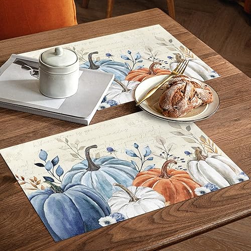 Miniatura 3 de Juego de 6 manteles individuales de Acción de Gracias, lavables, de PVC, hojas de calabaza, azul, naranja, otoño, vintage, beige, manteles