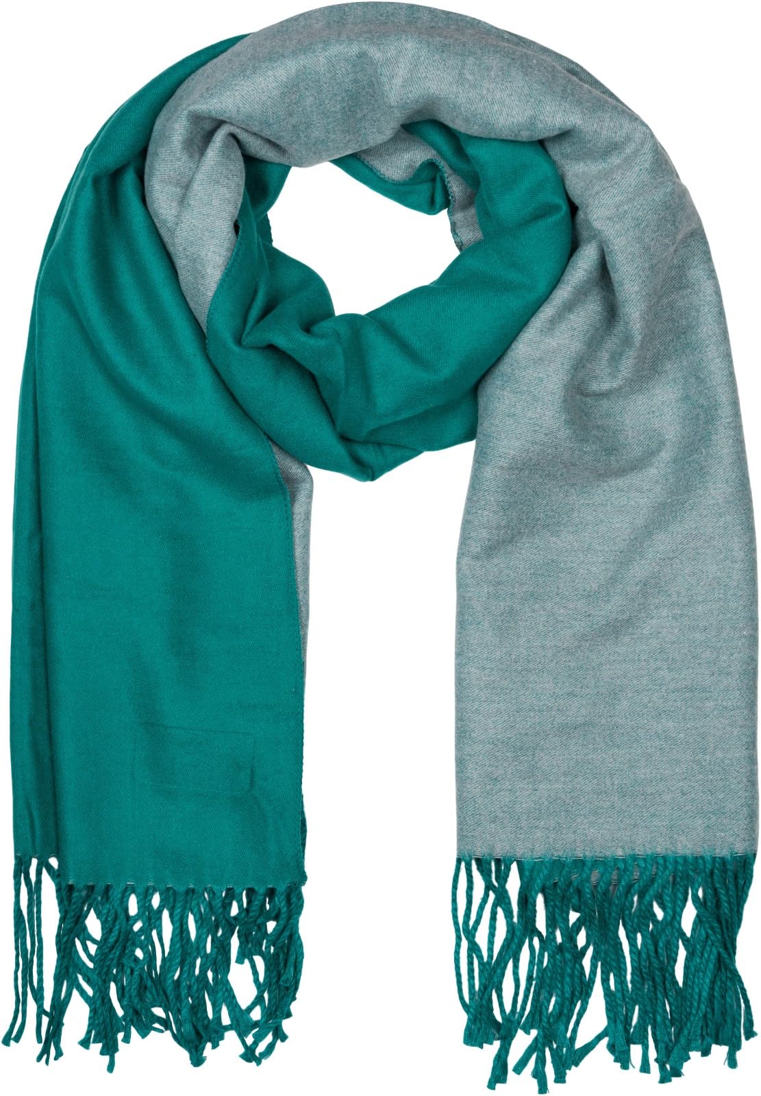 styleBREAKER Women Scarf in noble 2-face optic with fringes, 2 colours, reversible scarf, warm winter stole multicoloured 01017137, Colour:Emerging green-cream