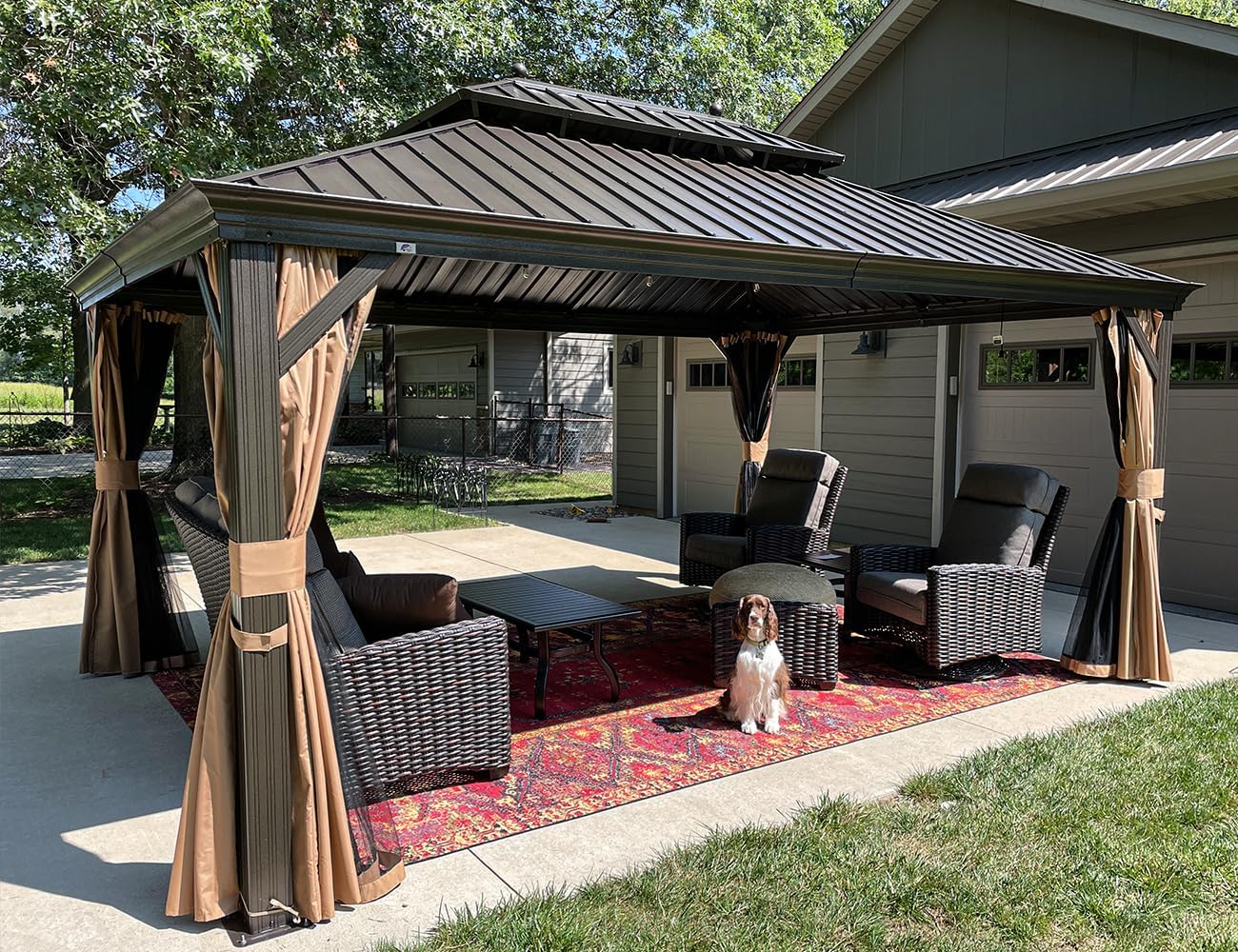 PURPLE LEAF Tonnelle de Jardin Exterieur Alu 4,85 x 3,65 m avec LED Bronze | Touche vintage, Résiste 17,9 m/s, Ambiance chaleureuse, Gouttière intégrée, Moustiquaire 260 g/m² et rideaux, Fait pour tenir