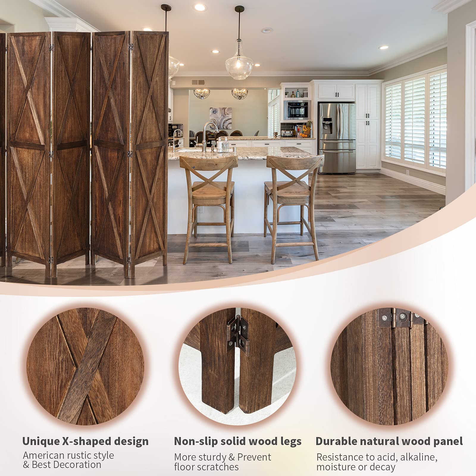 Vicluke 6 Panels Wood Room Divider with 360 Degree Hinges, 5.6 FT Tall