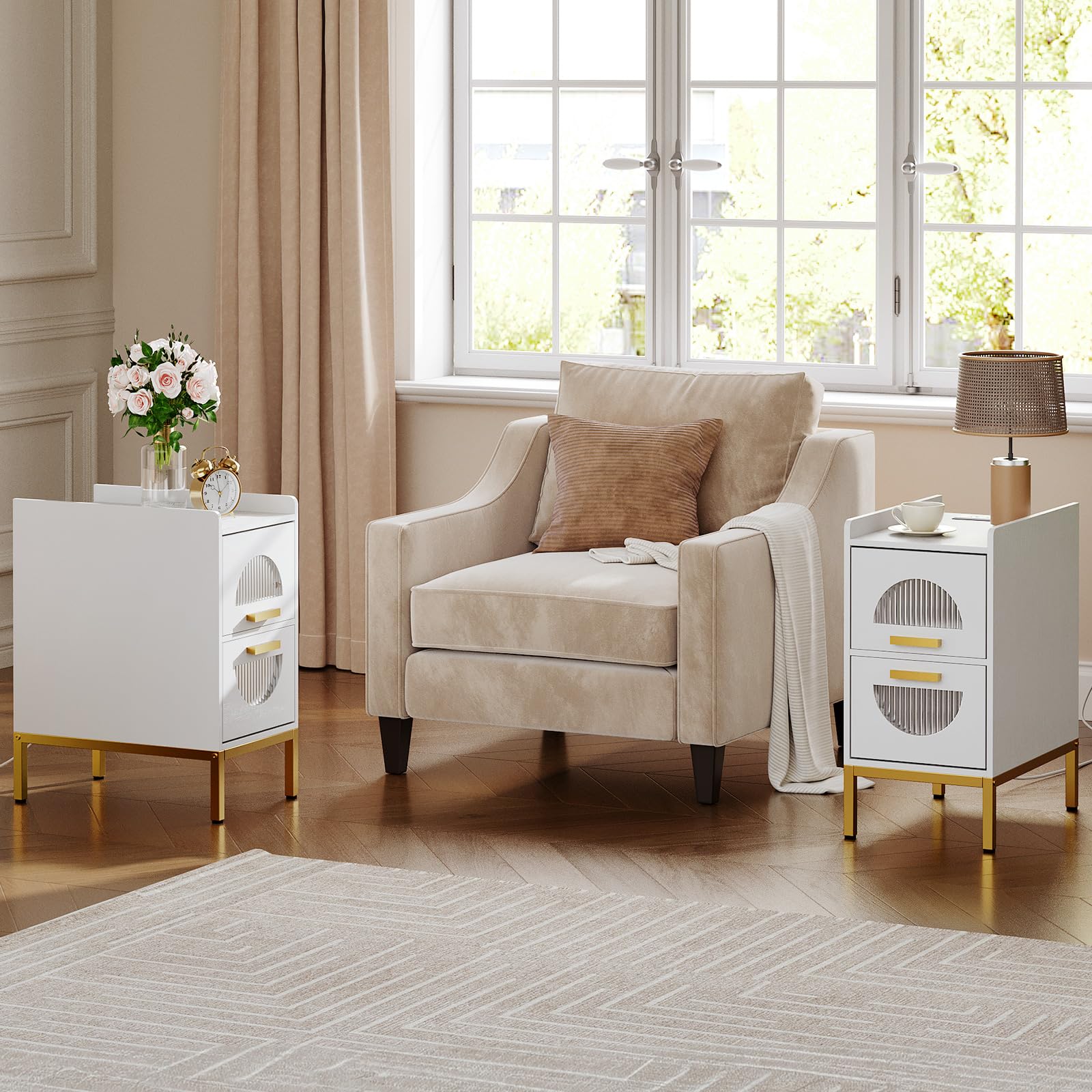 HOOBRO Narrow Side Table with Charging Station, Mid Century Slim Nightstand for Small Spaces, End Table with 2 Drawers, Modern Style Bedside Table, for Home, Living Room, White and Gold DW48UBZ01