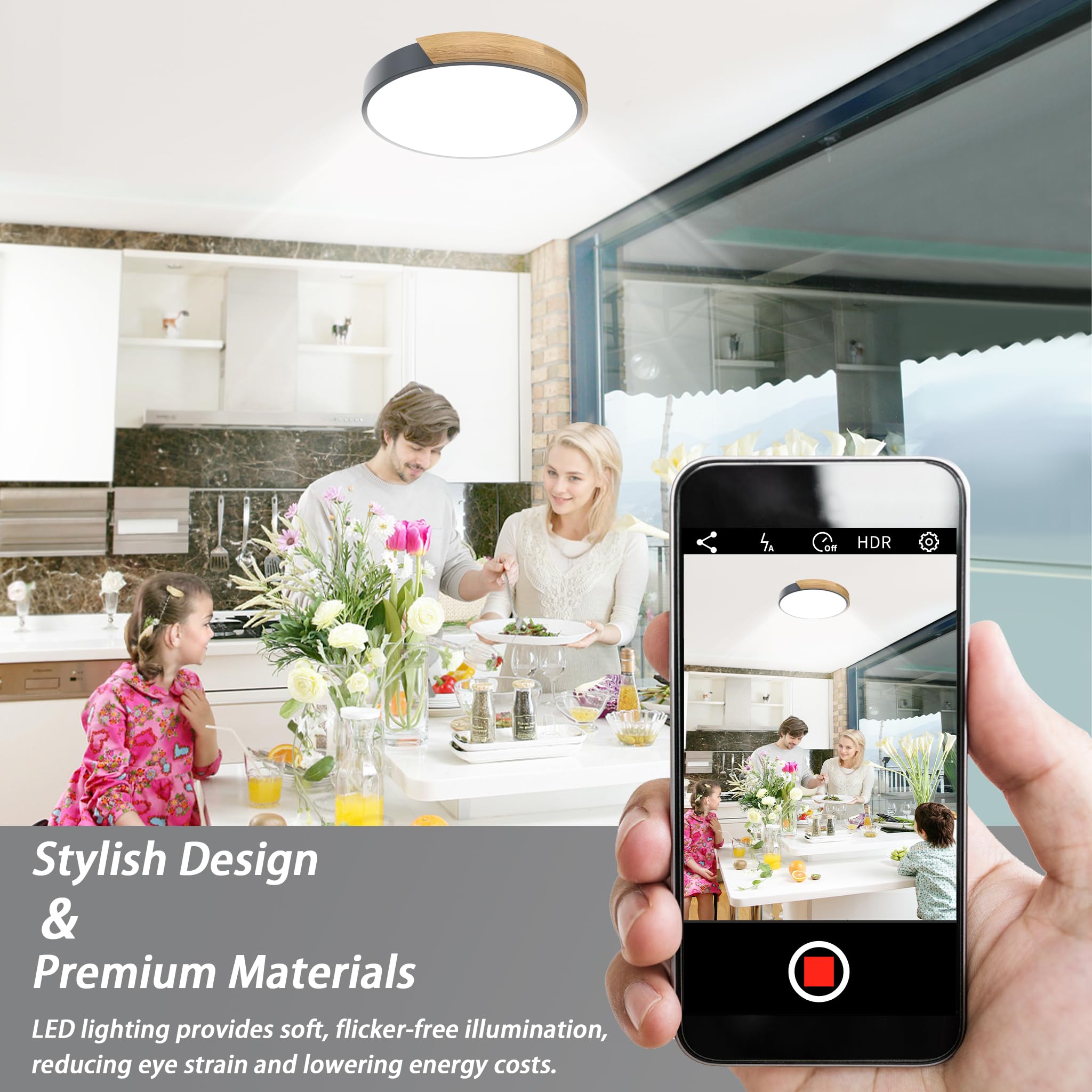 Froadp LED Deckenlampe Holz Deckenleuchte, Modern Lampe Decke Flach, Holzlampe Rund für Wohnzimmer, Schlafzimmer, Badezimmer, Küche, Flur, Kinderzimmer, Büro (96W Dimmbar, Grau)