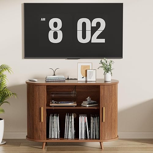 Soporte para tocadiscos de vinilo con luces LED y estación de carga, soporte grande para discos con puerta corrediza para tocadiscos, altavoces,