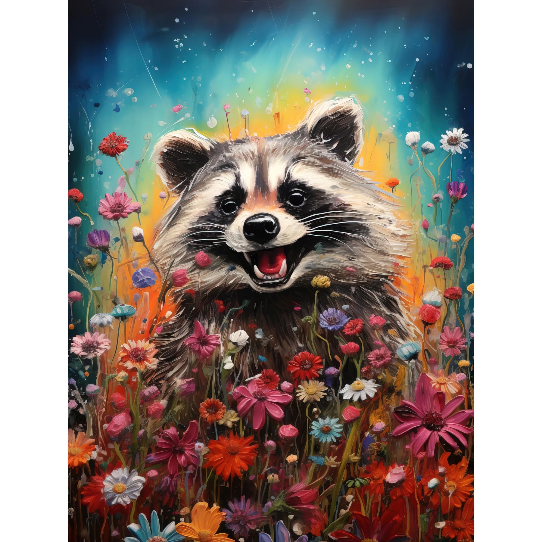 Artery8 Gleeful Racoon Quirky Portrait Spring Makes Everything Better Oil Painting Kids Bedroom Blooming Wildflower Meadow Extra Large XL Wall Art Poster Print
