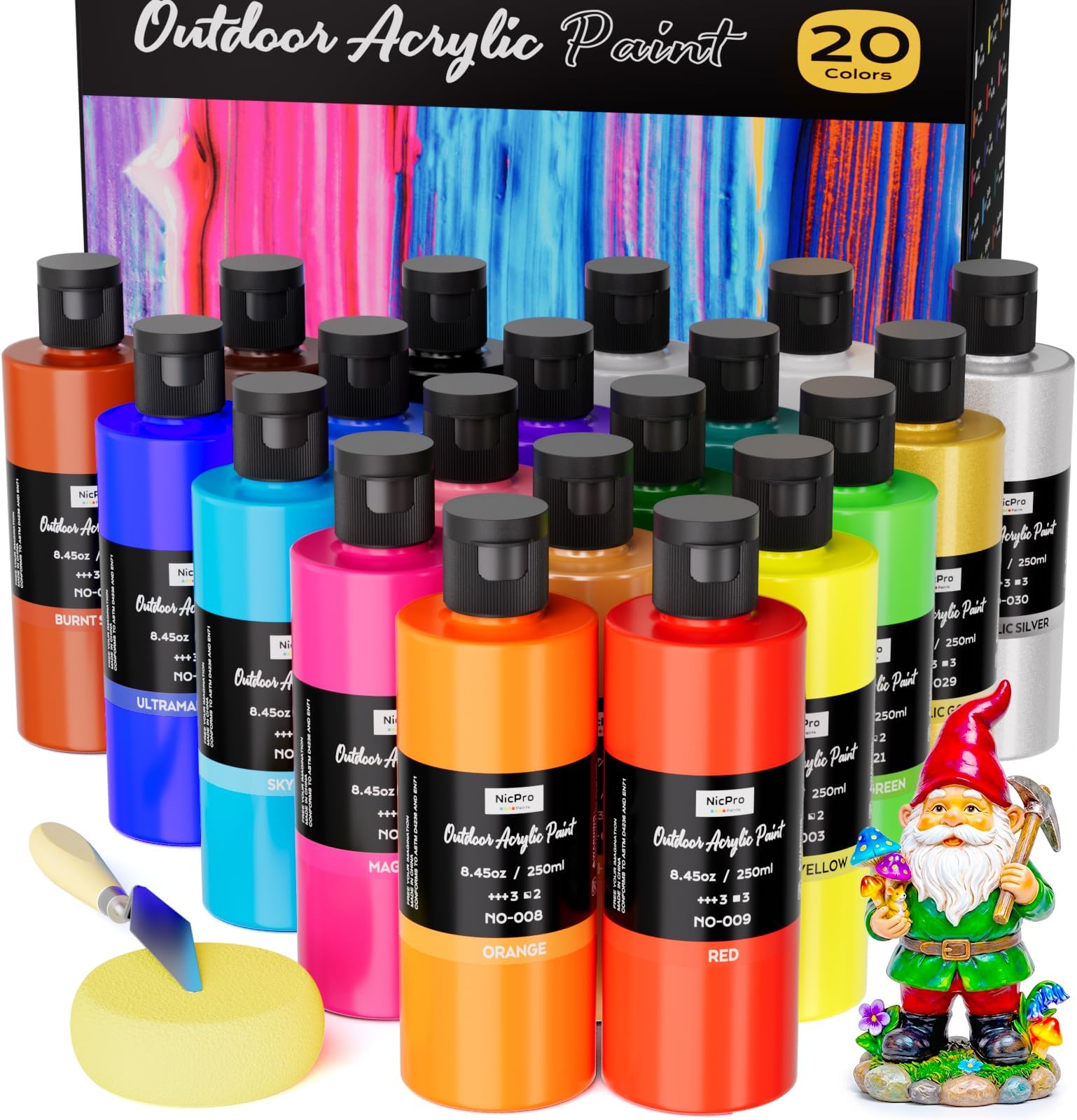 Nicpro 20 Colors Large Outdoor Acrylic Paint Set, 8.45oz Waterproof Paints