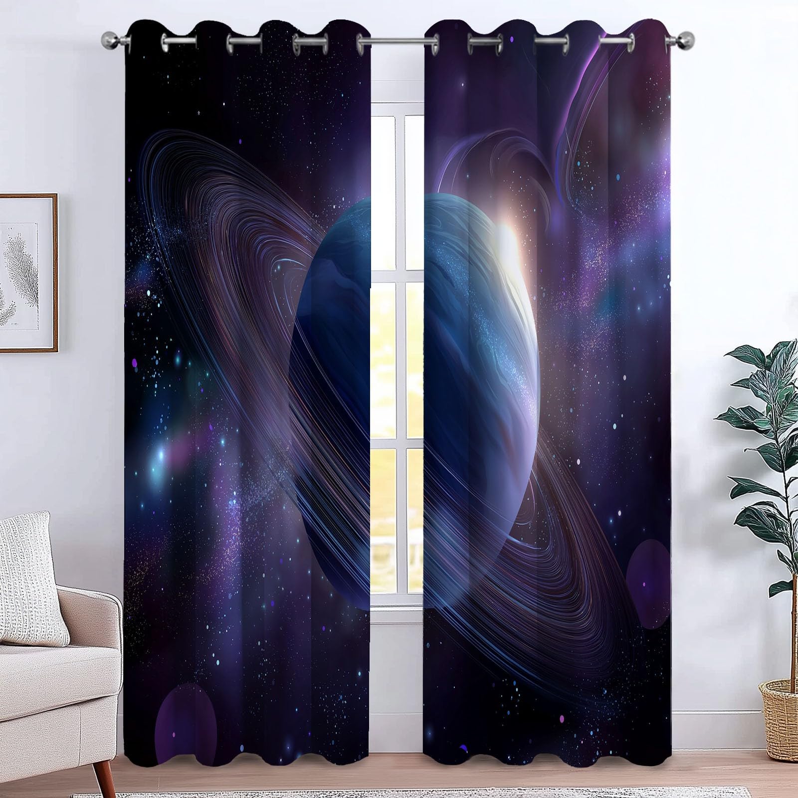 Verdunklungsvorhänge Nebel Weltraum Kinderzimmer Vorhänge Blickdicht, Dunkelviolett Thermovorhang mit Ösen, für Schlafzimmer Fenster & Balkon Universum Sphäre - 110 x 215 cm (2er Set)