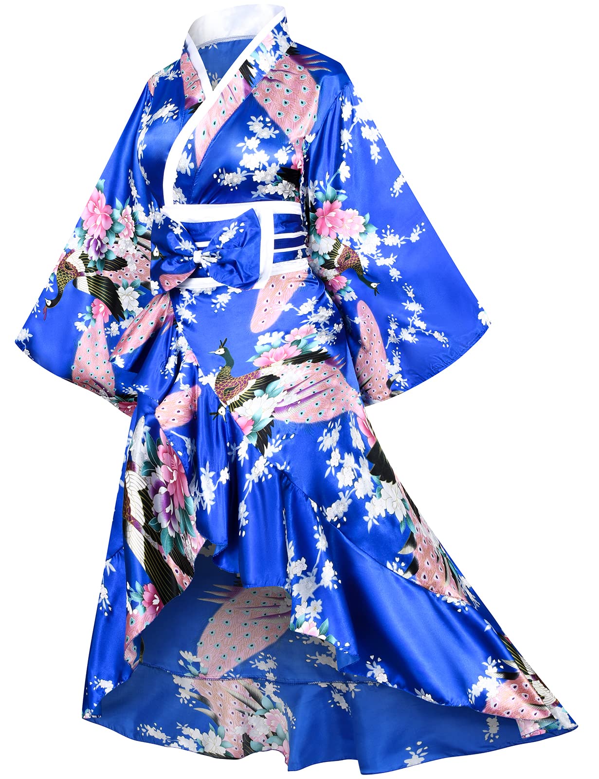Kimono-Set für Damen, Geisha-Yukata mit Smoking-Rüschen, Satin-Bademantel und Nachtwäsche mit Blütenmuster, inklusive Fächer und Tabi-Socken