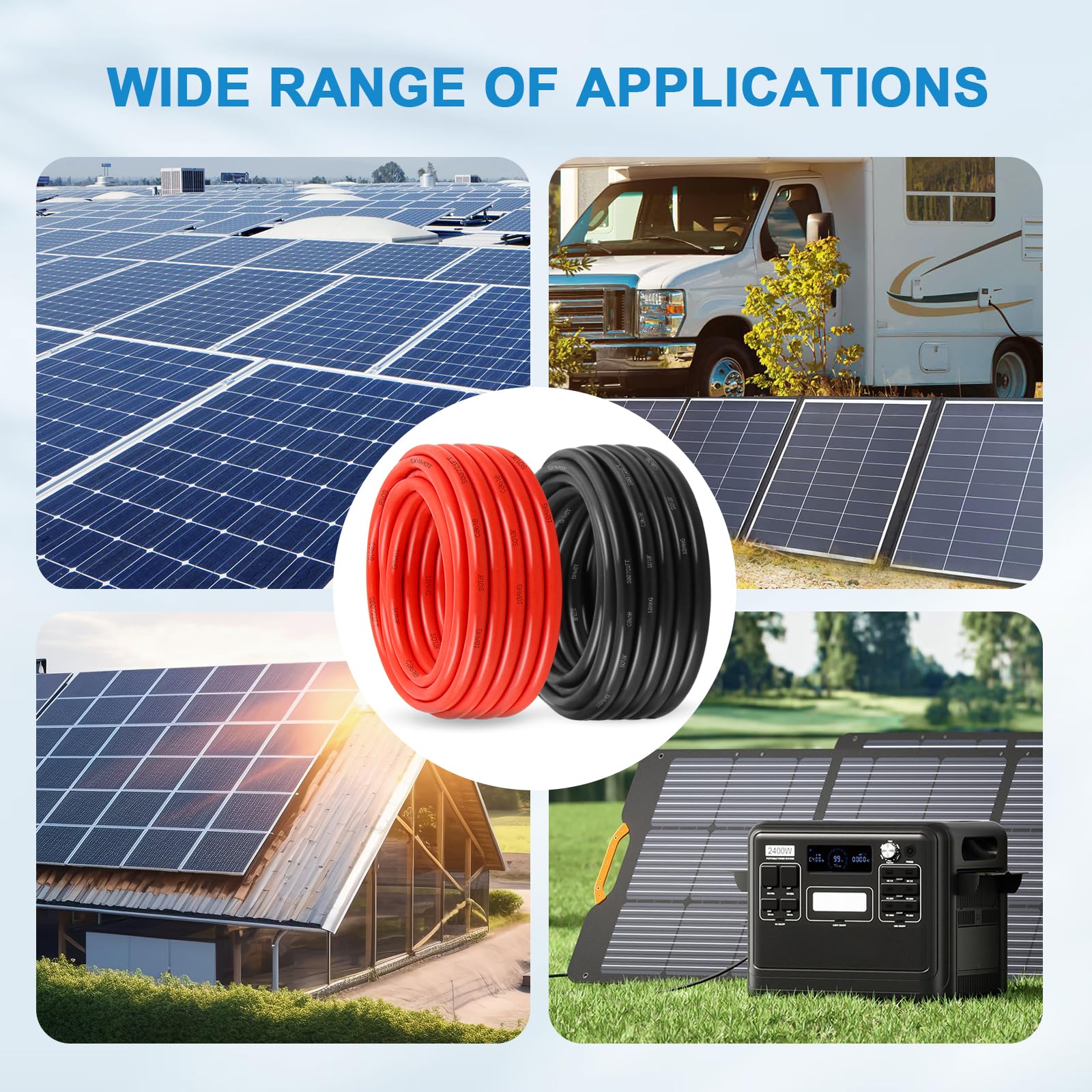 Cable de extensión solar de 10 AWG (6 mm²) – Cable de extensión solar de 200 pies negro y 200 pies rojo calibre 10 alambre fotovoltaico de cobre estañado para exteriores, automóvil, caravana, panel