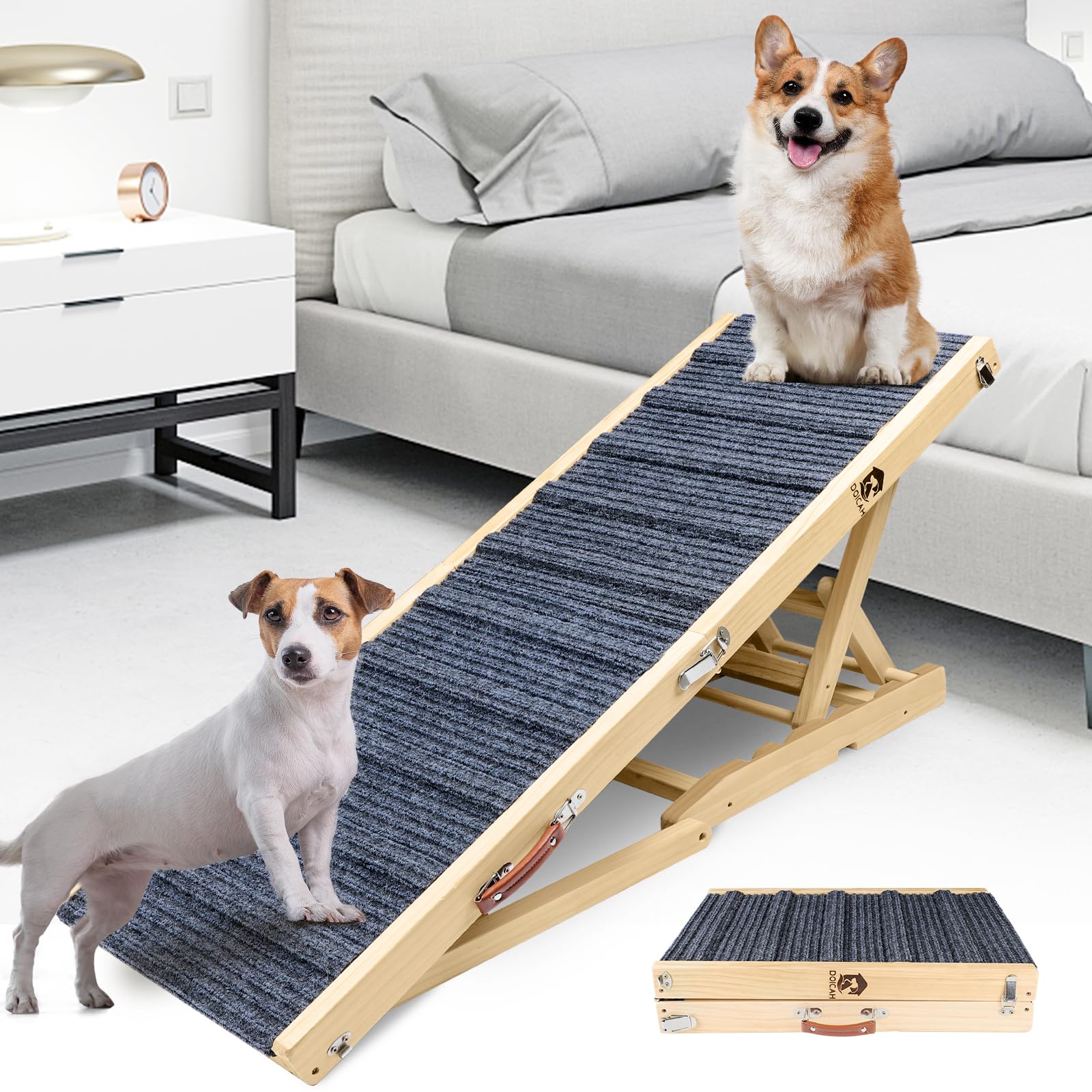 Solid Wood Dog Ramp,Foldable Dog Ramp Non Slip Carpet Surface and Foot Pads - 47.2" Long and Adjustable from 0” to 24” - Up to 200LBS - Folding Dog Car Ramps for SUV, Bed, Couch Sofa Patent Design