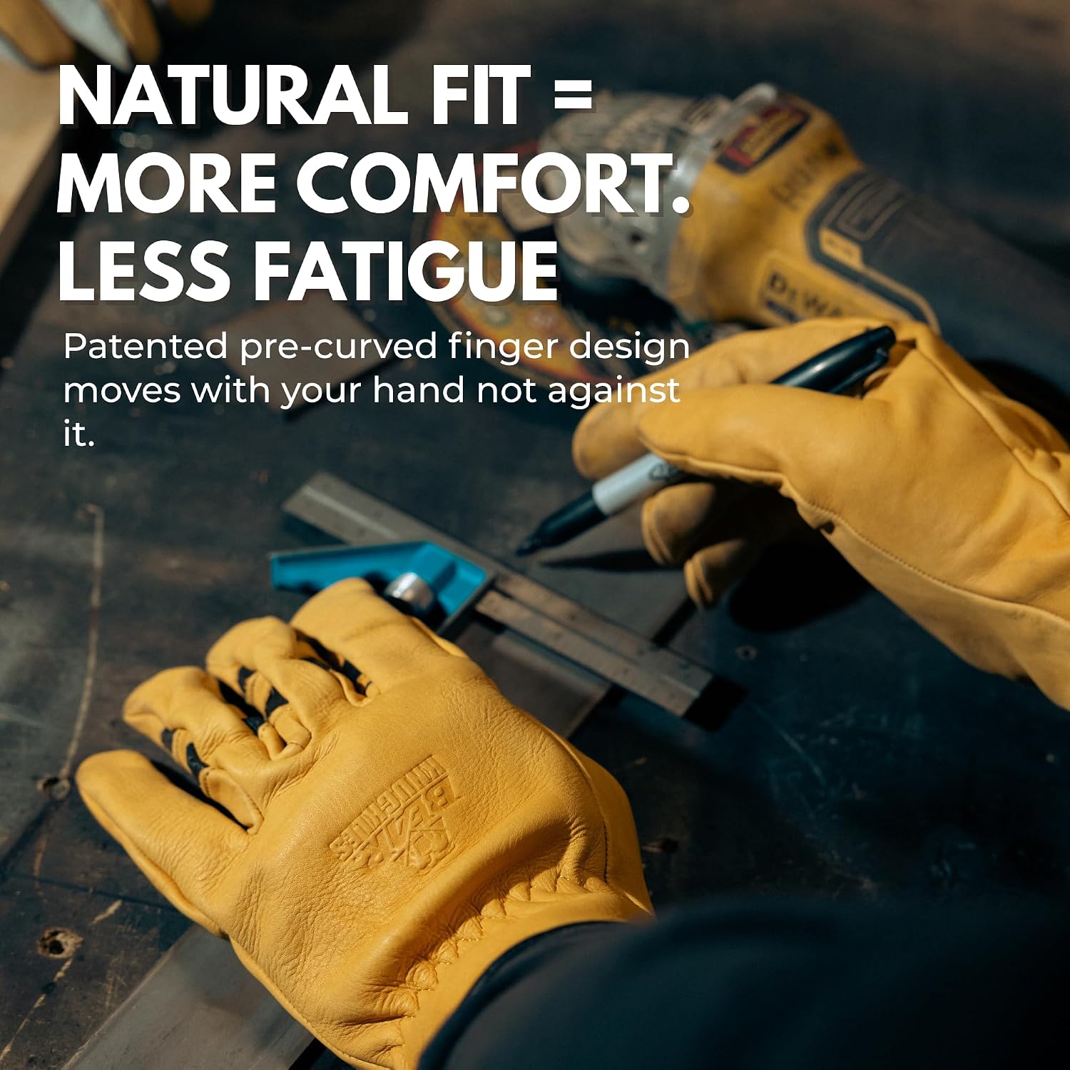 Bear Knuckles Heavy Duty Cowhide Leather Work Gloves | Patented Pre-Curved Finger Design | HD361