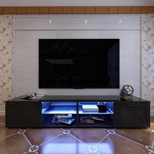DMAITH Soporte de TV para TV de 70758085 pulgadas, centro de entretenimiento negro con luces LED, 2 piezas montado libremente con puertas y estante