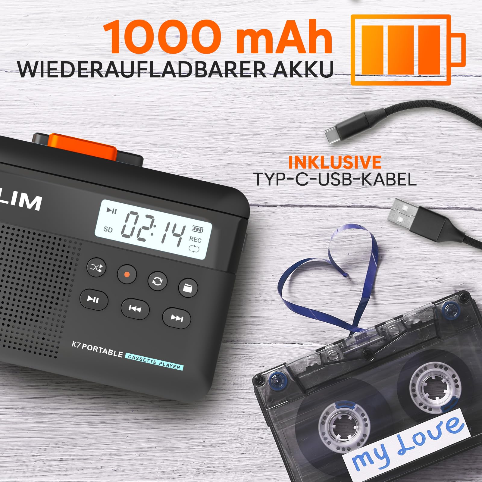 Kassettenspieler 16GB SD-Karte - Cassette Gerät - Kassetten Digitalisieren - Tragbarer Kassettenrekorder - Mikrofon & Lautsprecher - Wiederaufladbarer Aufladbar - Stereoausgang - Schwarz-Orange