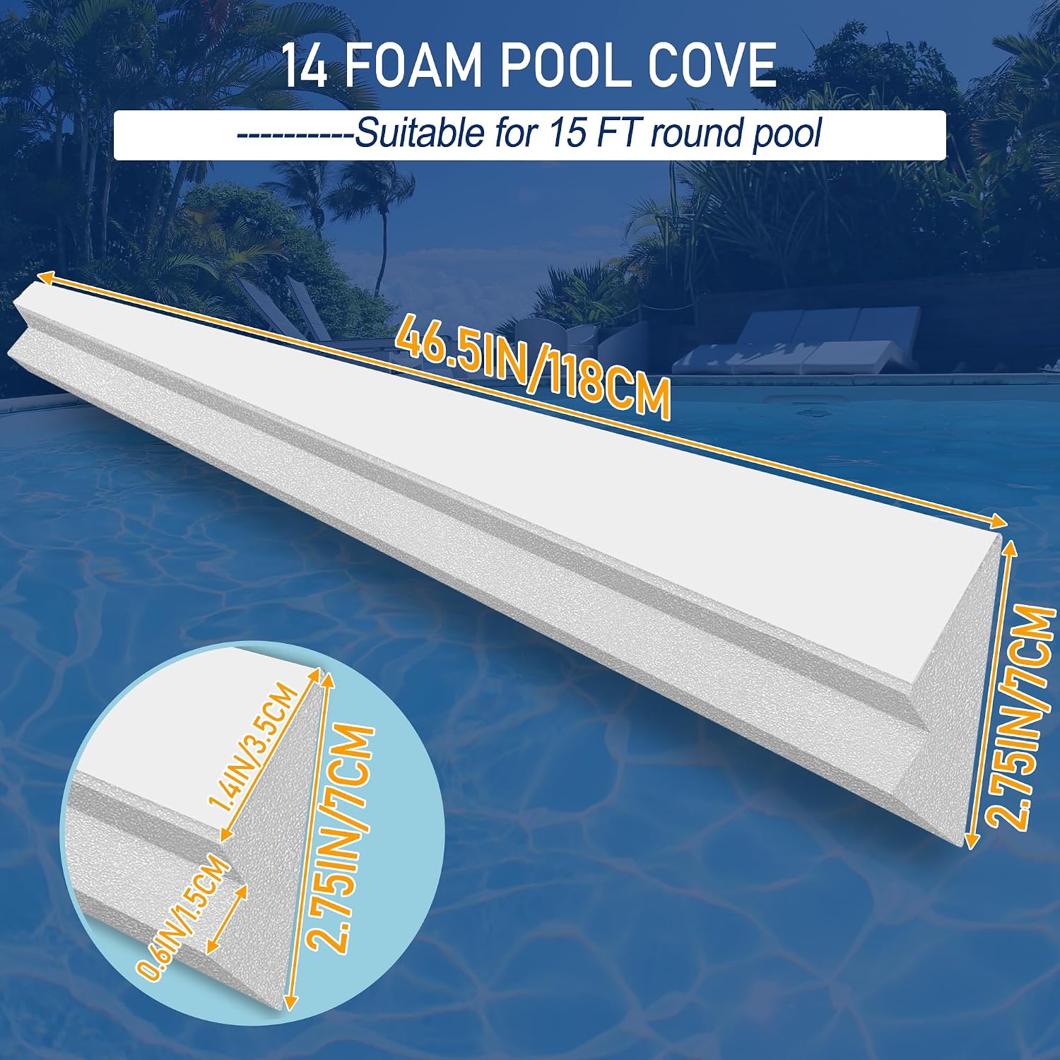 46.5" 14pcs peel and stick pool cove for 15' round above ground pool, closed cell foam peel and stick above ground pool cove with adhesive backing, protect pool liner, prevents excess wear 14pcs-118cm