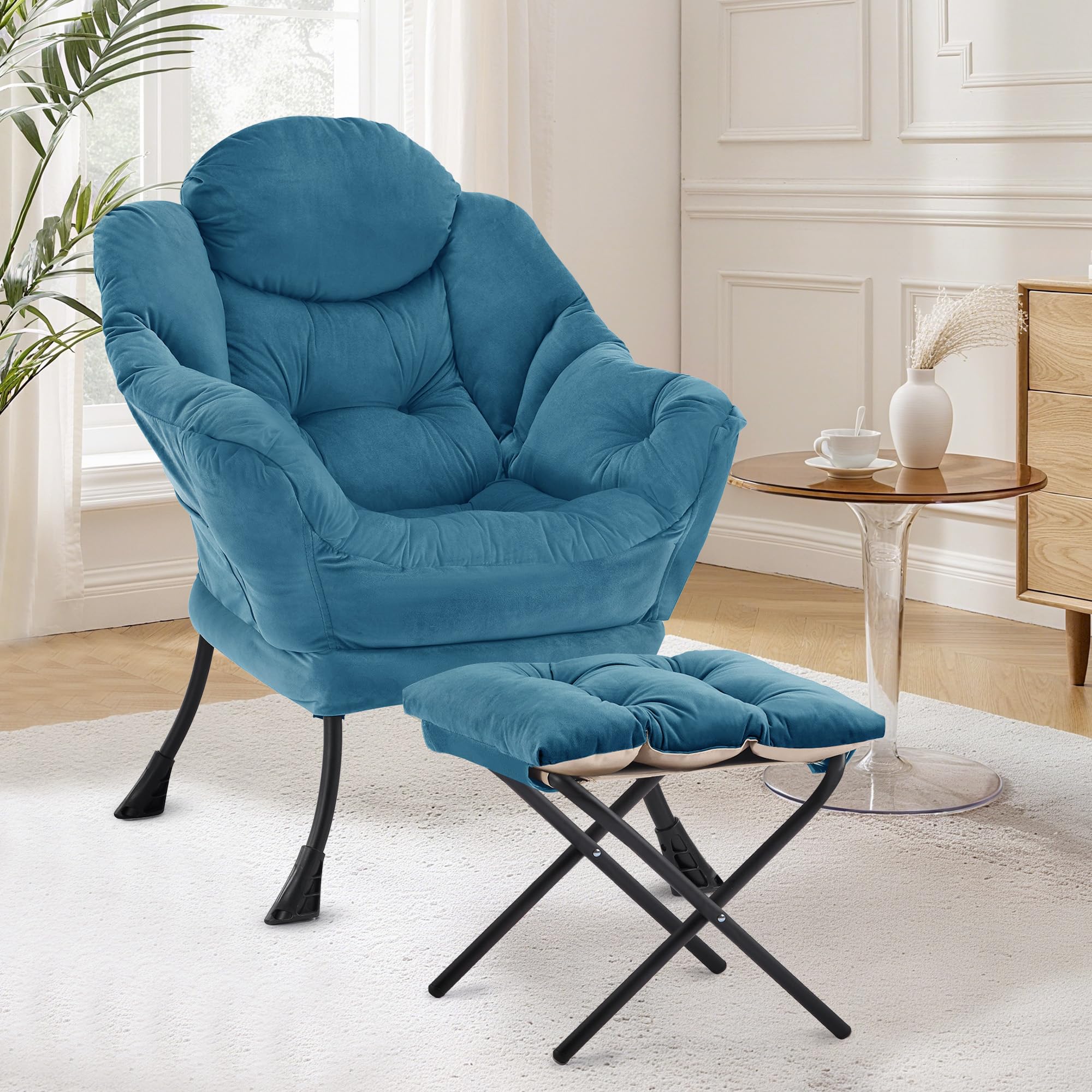 XH.Easy Go Lazy Chair with Ottoman, Accent Lounge Reading Arm Chair with Footstool, Leisure Armchair for Living Room Bedroom Comfy Arm Chairs with Footrest and Side Pocket, Blue — image 1