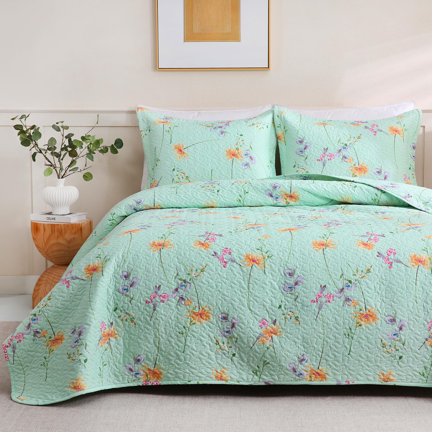 JSD Green Floral Quilt Set Full Queen Size, 3 PC Printed Bedspreads, Soft Microfiber Summer Quilt Blanket Coverlet with Pillow Shams