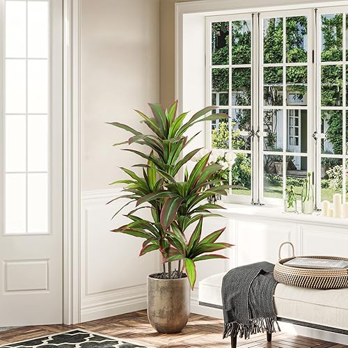 Miniatura 6 de VIAGDO Dracaena - Planta de seda artificial de 4 pies con margen de hoja roja palmeras de yuca falsas en maceta árbol de dragón realista para sala
