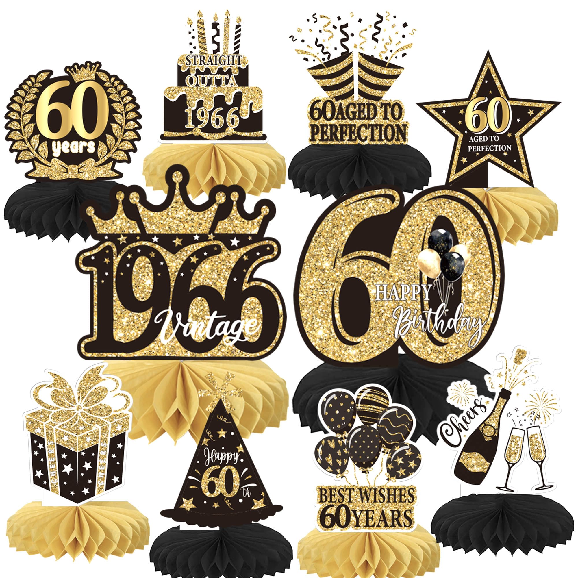 Xsstarmi 10 Pack Happy 60th Birthday Honeycomb Centerpieces Decor Best Whish Thirty Hello Straight Outta 1966 Table Toppers Decoration for Cheers to 60 Birthday Party DIY Decorations Supplies