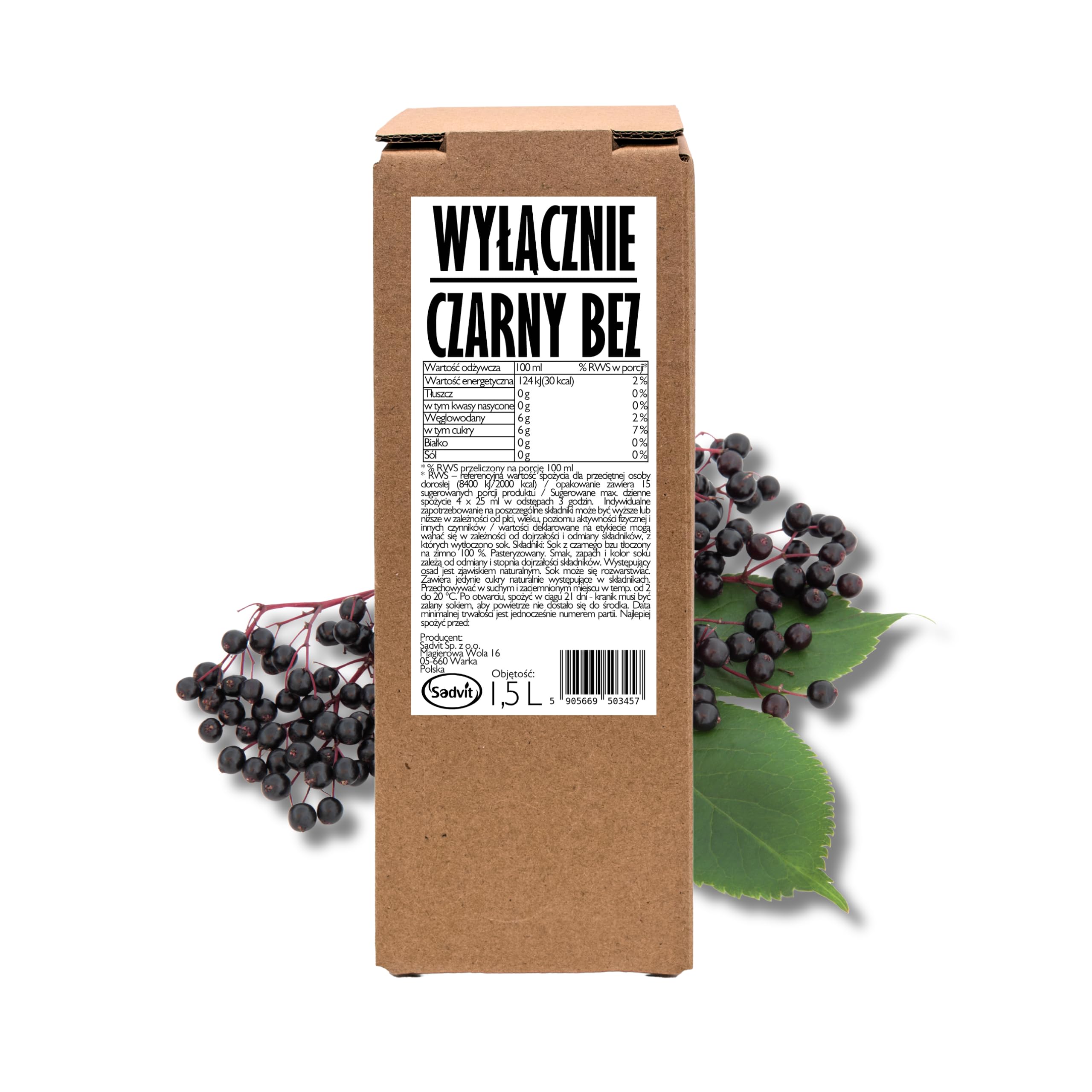 Sadvit | Kwiatowy Sok z Czarnego Bzu nie z koncentratu | 1,5L Bag in Box Sok owocowy NFC | Tłoczony Kwiatowy Intensywny | Bez Cukru i Konserwantów | Do Herbat i Naparów | Źródło Antocyjanów i Witamin