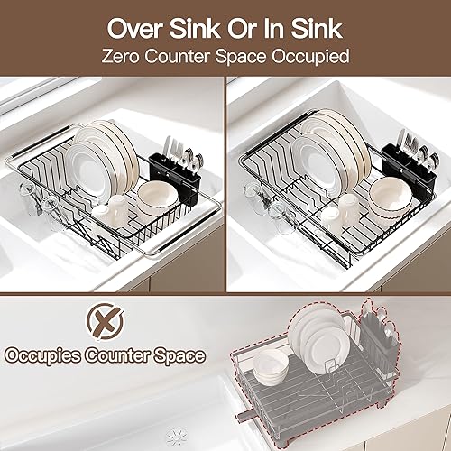 Miniatura 3 de Estante de secado de platos expandible sobre el fregadero en acero inoxidable para cocina pequeña, estante de secado de platos moderno y compacto de