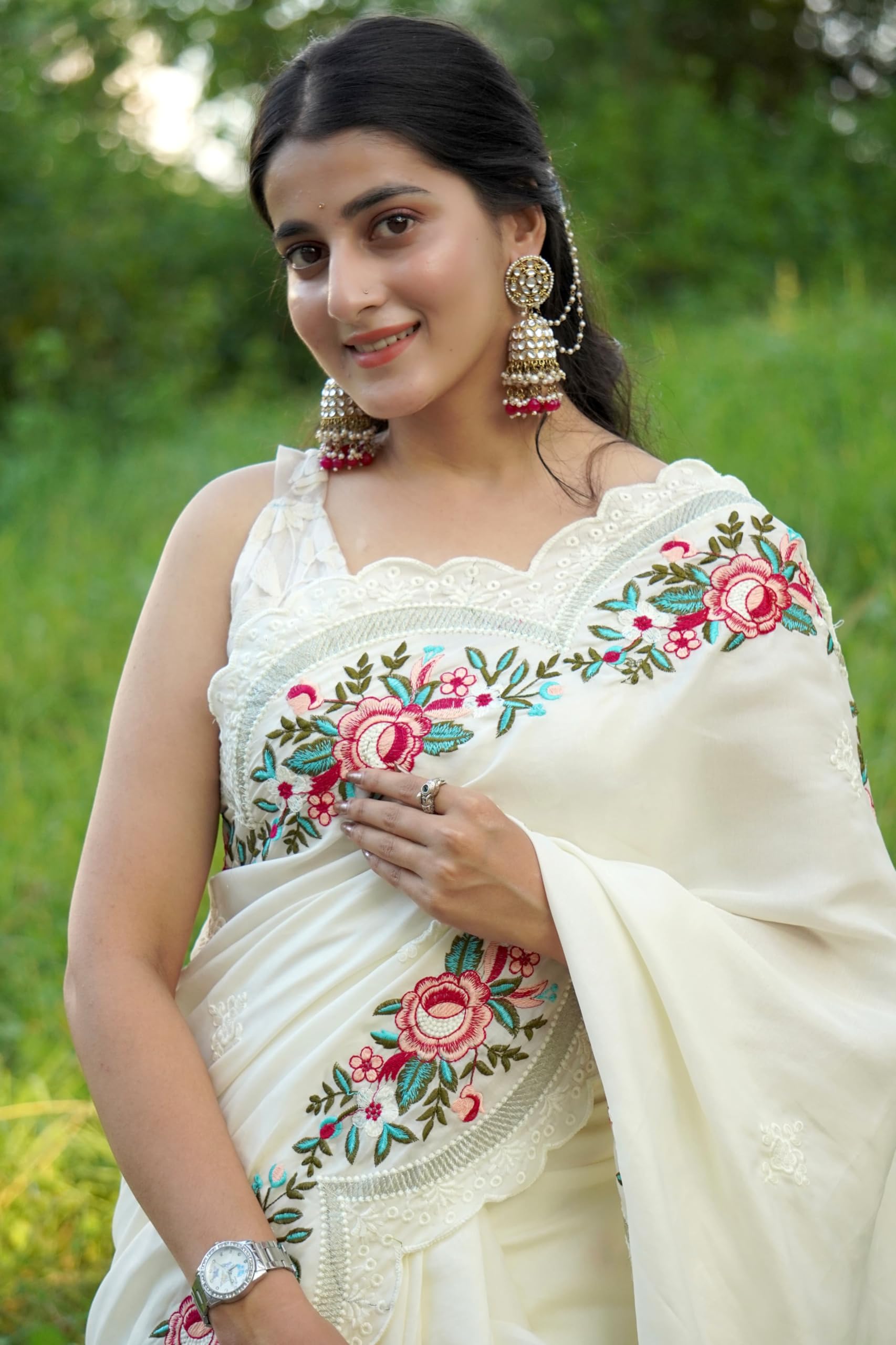 SGF11 Women's Tussar Silk Embroidery Work Saree With Unstitched Blouse Piece (White) product image 2