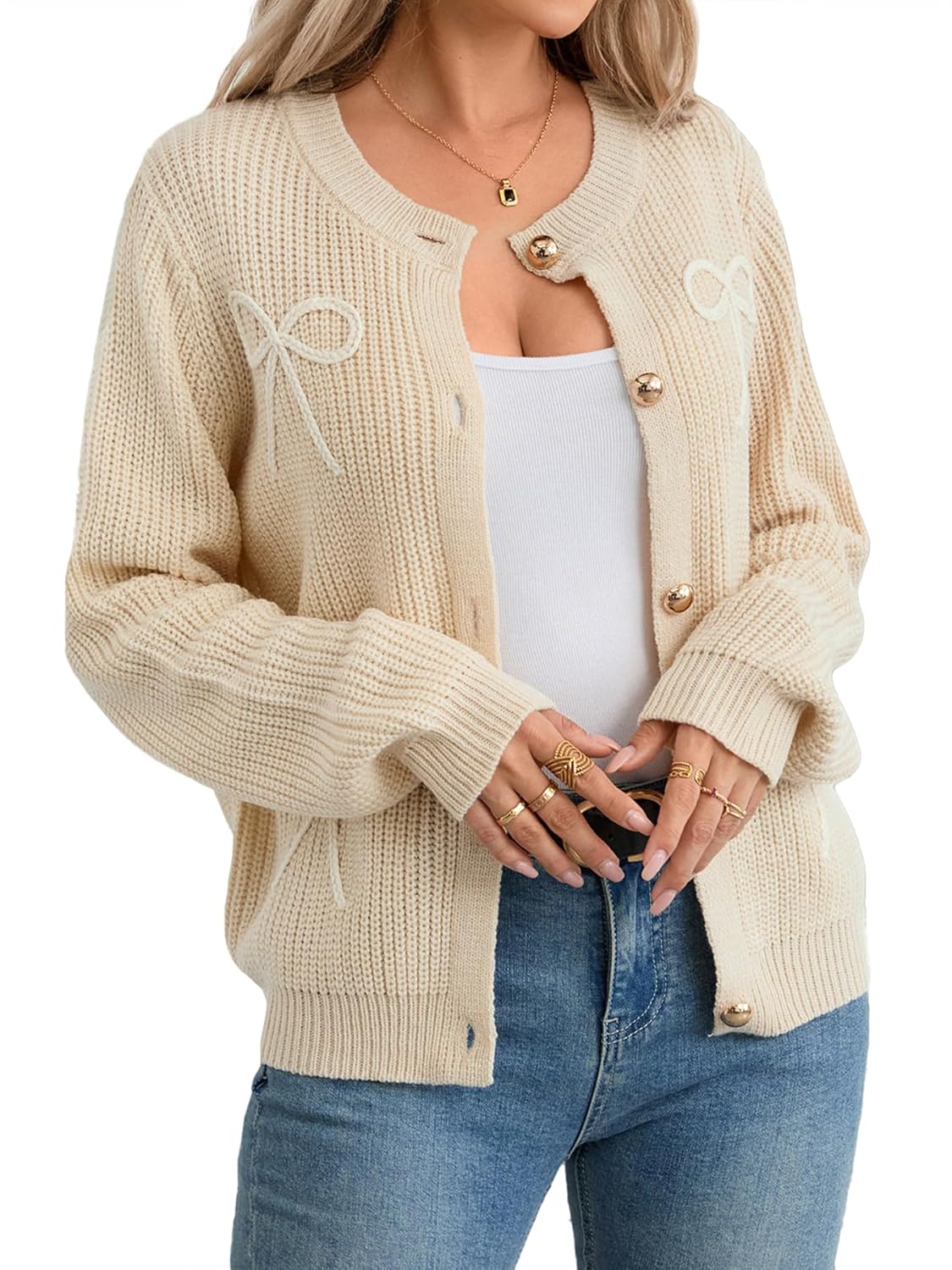 Cardigan Sweaters for Women Long Sleeve Bow Fall Winter Clothes Button Down Shirt