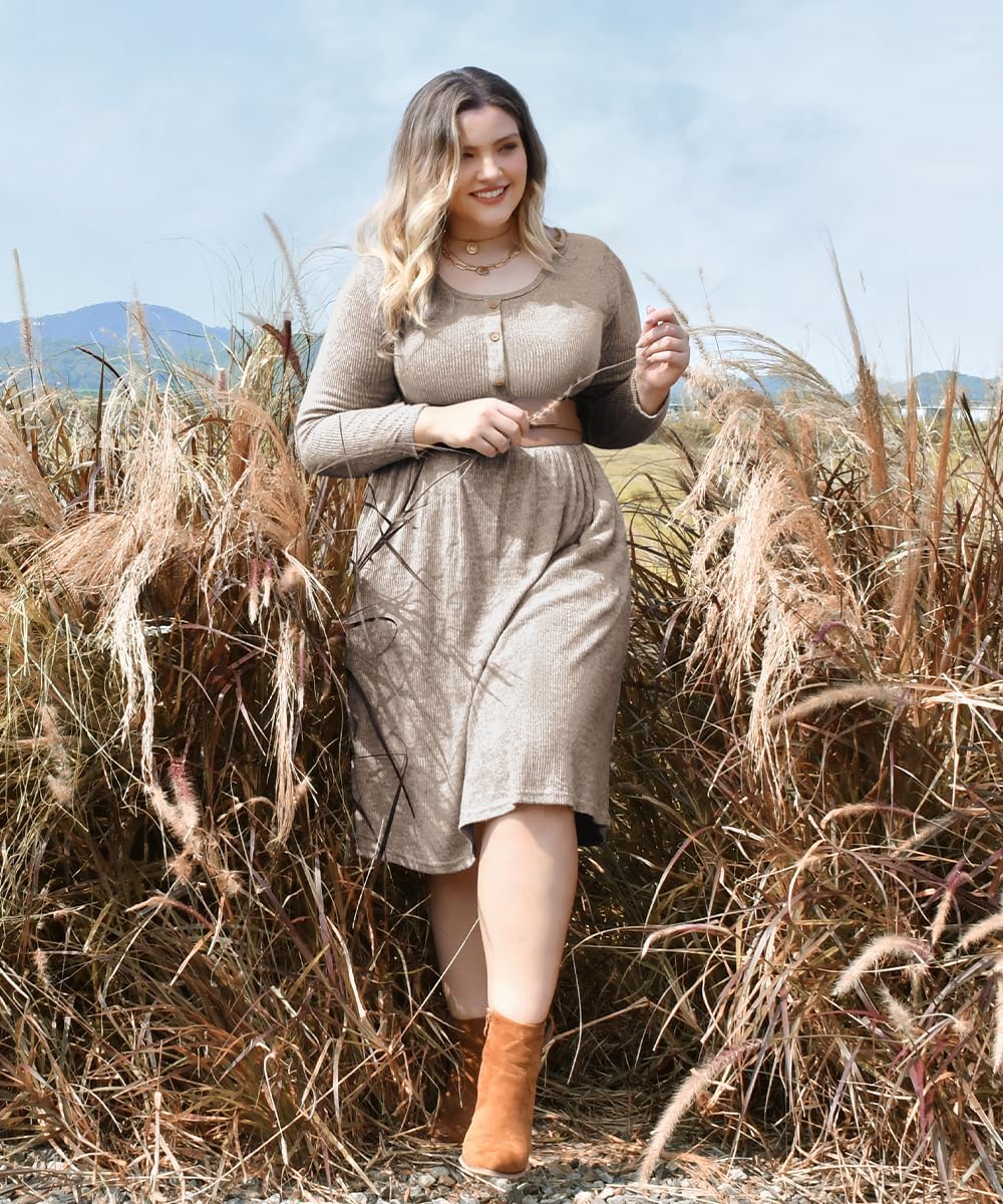 CARCOS Plus Size Sweater Dress Long Sleeve Henley Crew Neck Pullover Casual Fall Winter Knit Midi Dresses with Pocket XL-5XL - Image 3