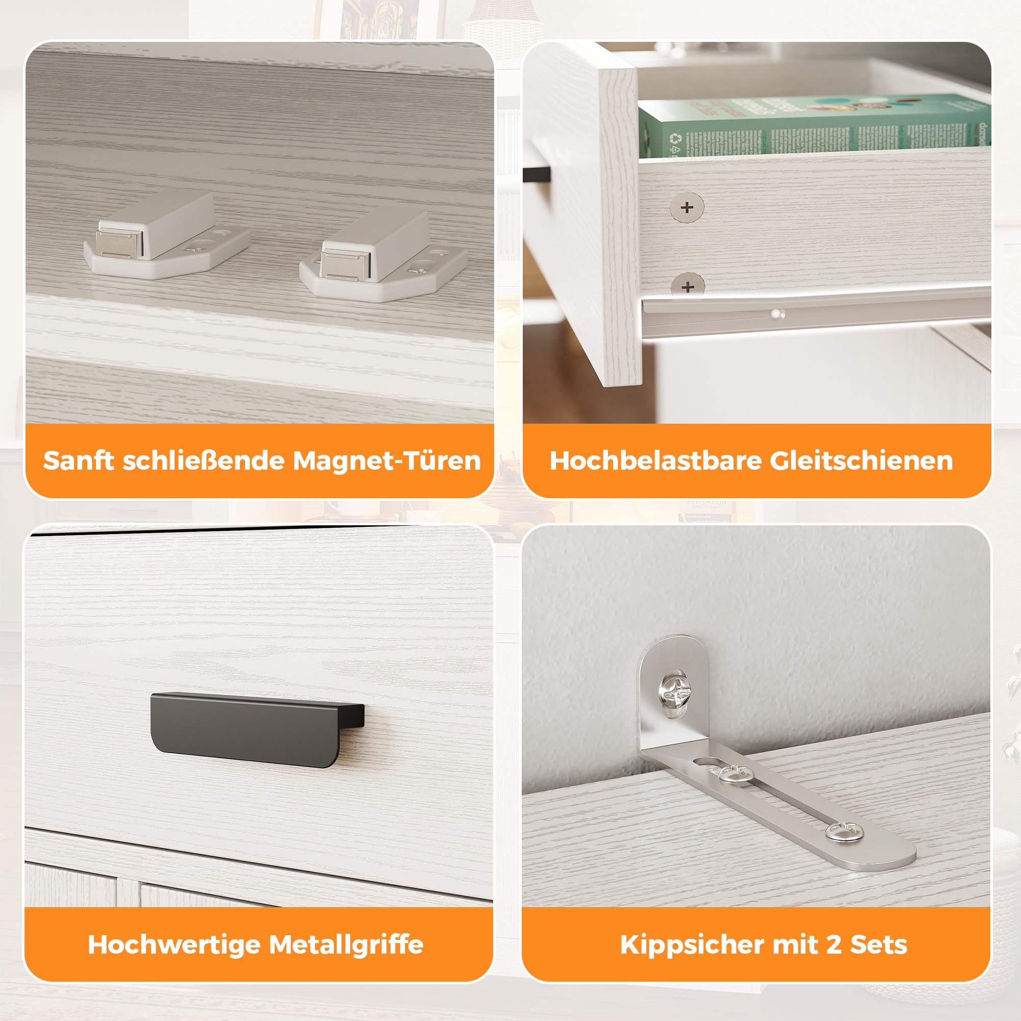 IRONCK Hocher Küchenschrank mit LED Beleuchtung & Steckdose USB Ladeports, Buffetschrank mit Arbeitsplatte 2 Schubladen Magnettüren Sideboard für Kaffeebar Küche Wohnzimmer Esszimmer 180x110x38cm Weiß