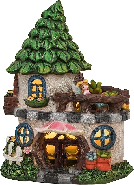 TERESA'S COLLECTIONS Castle Fairy House Garden Ornament Outdoor with Solar Light, Waterproof Resin Angel Cottage Garden Statue Figurine for Patio Lawn Yard Decoration, 8.7inch/22cm