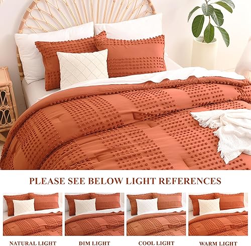 Miniatura 5 de Litanika Edredón tamaño Queen terracota, edredón bohemio copetudo con pompón jacquard naranja quemado, juego de ropa de cama elegante desgastado y