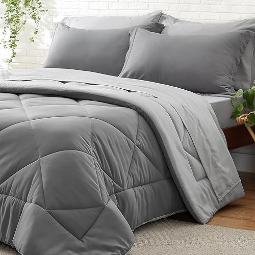 BEDELITE Full Comforter Set 7 Pieces Bed in A Bag - Soft Microfiber Reversible Grey Bed Set with Comforters, Sheets, Pillowcases & Shams, Cozy Luxury Bedding Sets for All Season