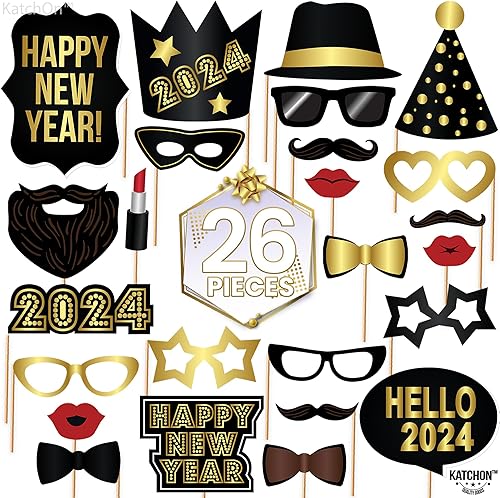 Miniatura 2 de Accesorios grandes para cabina de fotos de Año Nuevo 2023  Paquete de 26  Accesorios de cabina de fotos de Año Nuevo de papel negro dorado