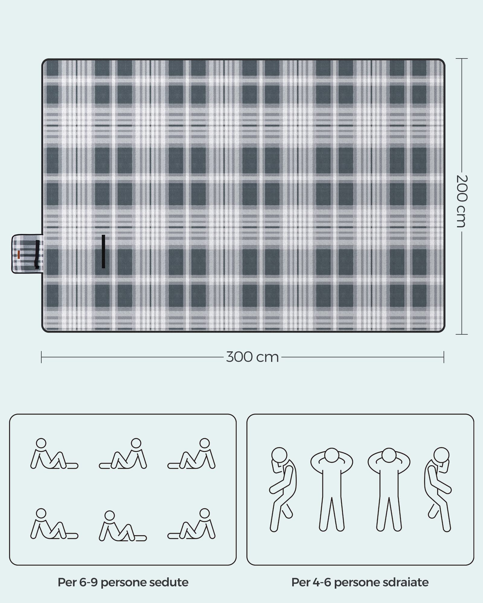 SONGMICS Coperta Picnic, 300 x 200 cm, Grande Telo da Campeggio, Parco, Giardino, Esterno, Spiaggia, Strato Impermeabile, Pieghevole, Grigio e Bianco GCM006G03
