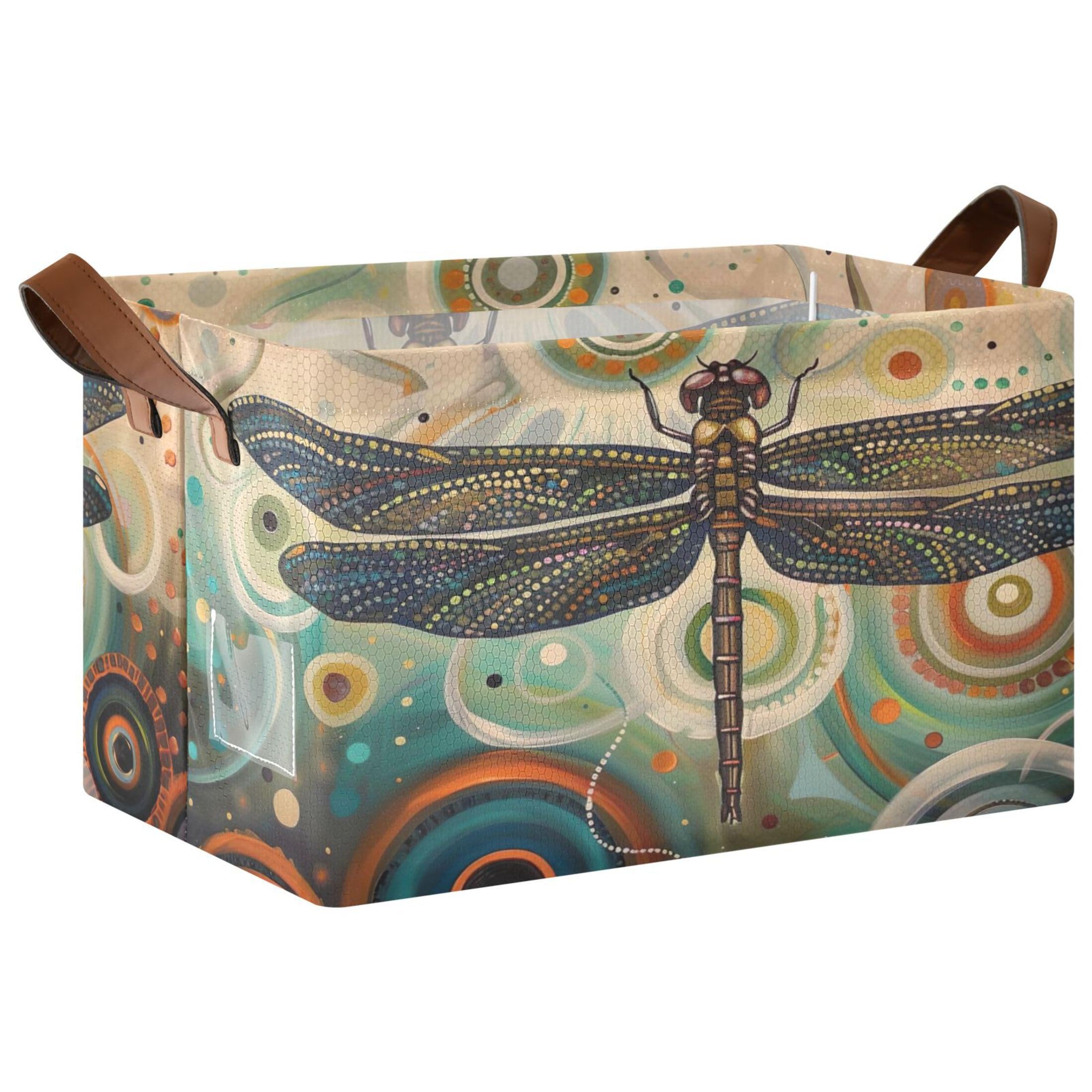 Kutsu Foldable Storage Basket Vintage Dragonfly Collapsible Storage Bin with Handles for Shelves, Rectangle Basket for Home Nursery Decor, 16.9x11.4x10 in