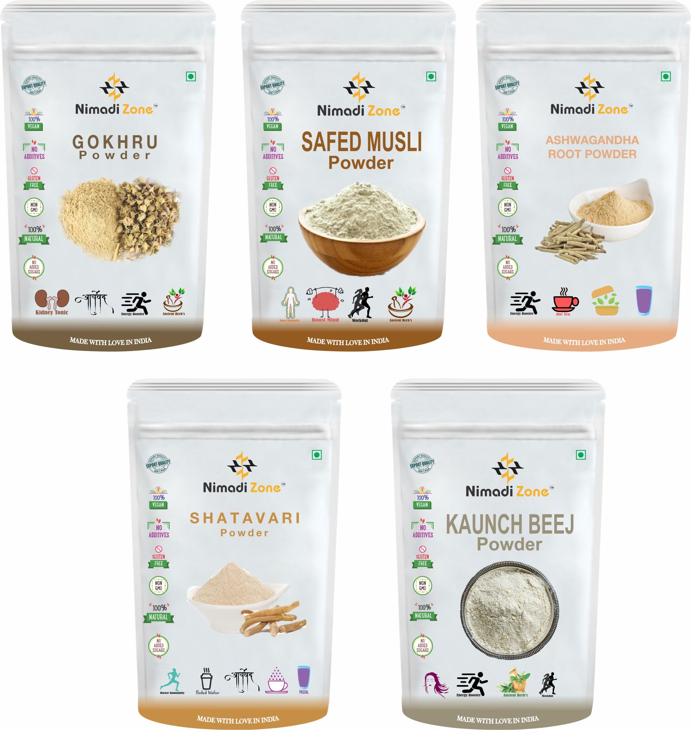 Nimadi Zone Pack Of 5 Gokhru Powder, Safed Musli Powder, Kaunch Powder, Ashwagandha Powder and Shatavari Powder (100 GM Each) Super Saver Combo Pack = 500 GM By Nimadi Zone (B0D5MQBYHR) Amazon Price History, Amazon Price Tracker