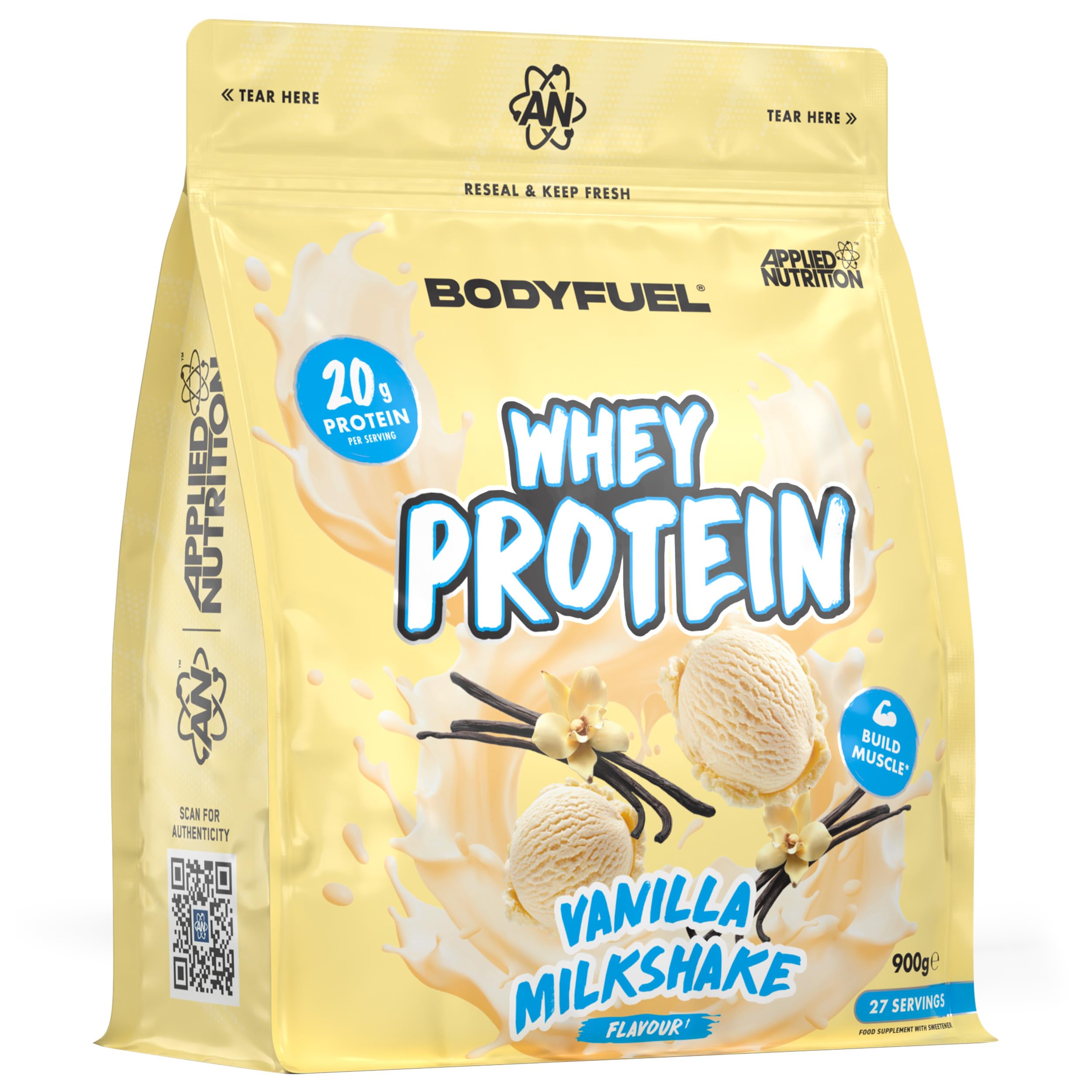 Bodyfuel Whey Protein Powder - 20g Protein for Muscle Recovery & Weight Management - Low-Calorie, Keto-Friendly - (900g - 27 Servings) (Vanilla Milkshake)