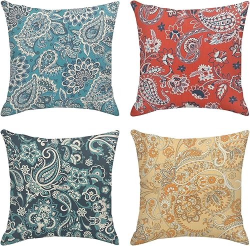 Sanwarm Juego de 4 fundas de almohada decorativas para decoración del hogar, diseño de cachemira, diseño de flores, vintage, de 18 x 18 pulgadas,