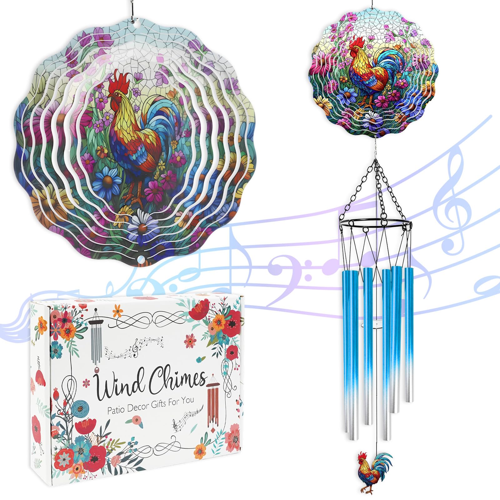 Rooster Hanging Wind Chime for Outside - Stainless Steel Wind Sculpture Chicken Wind Spinners Outdoor Farmhouse Art Ornaments with Card for Garden Yard Balcony Patio Lawn Decorations